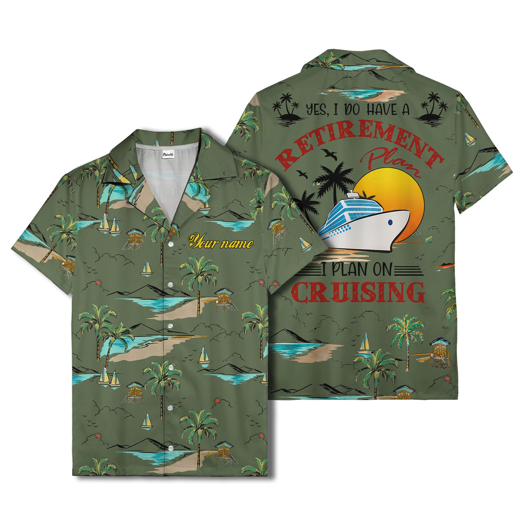 island paradise palm trees & sailboats sunset hawaiian shirt