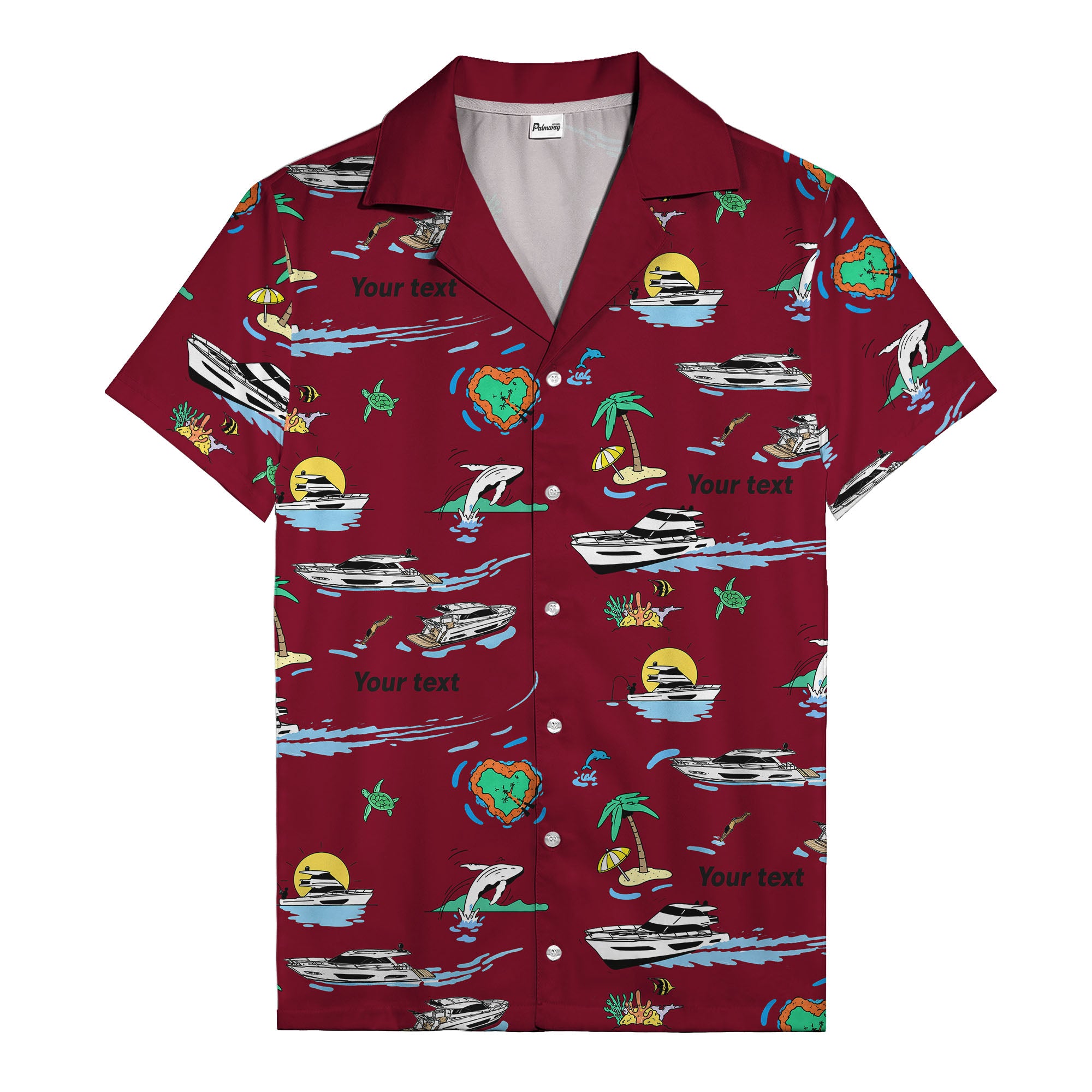 luxury yacht & heart-shaped island cartoon hawaiian shirt