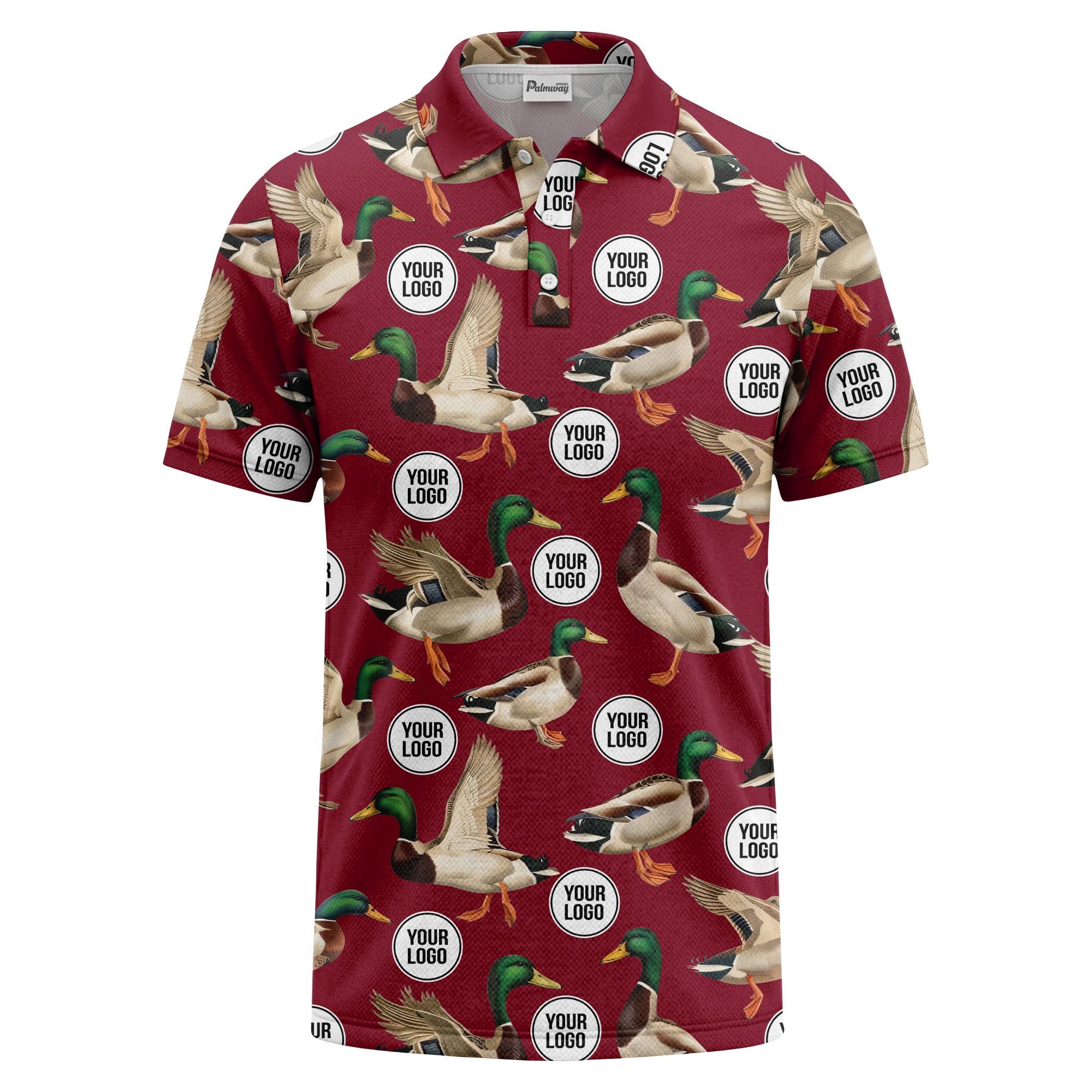 mallard duck flock & custom logo repeat photorealistic polo shirt