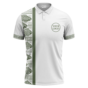 monochrome tribal fish & geometric borders patterned polo shirt for men
