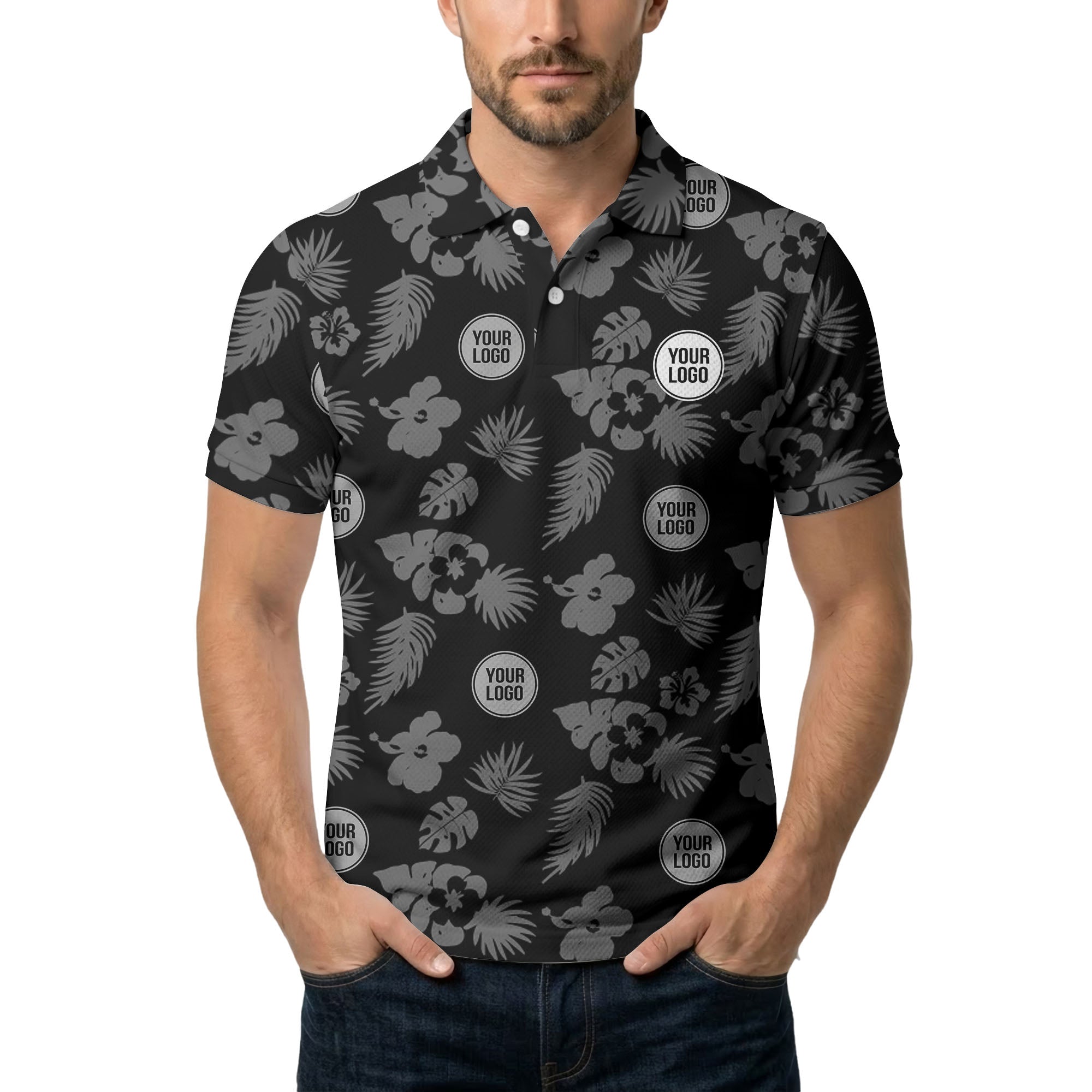 illustrated monochrome tropical flowers and leaves polo shirt for men