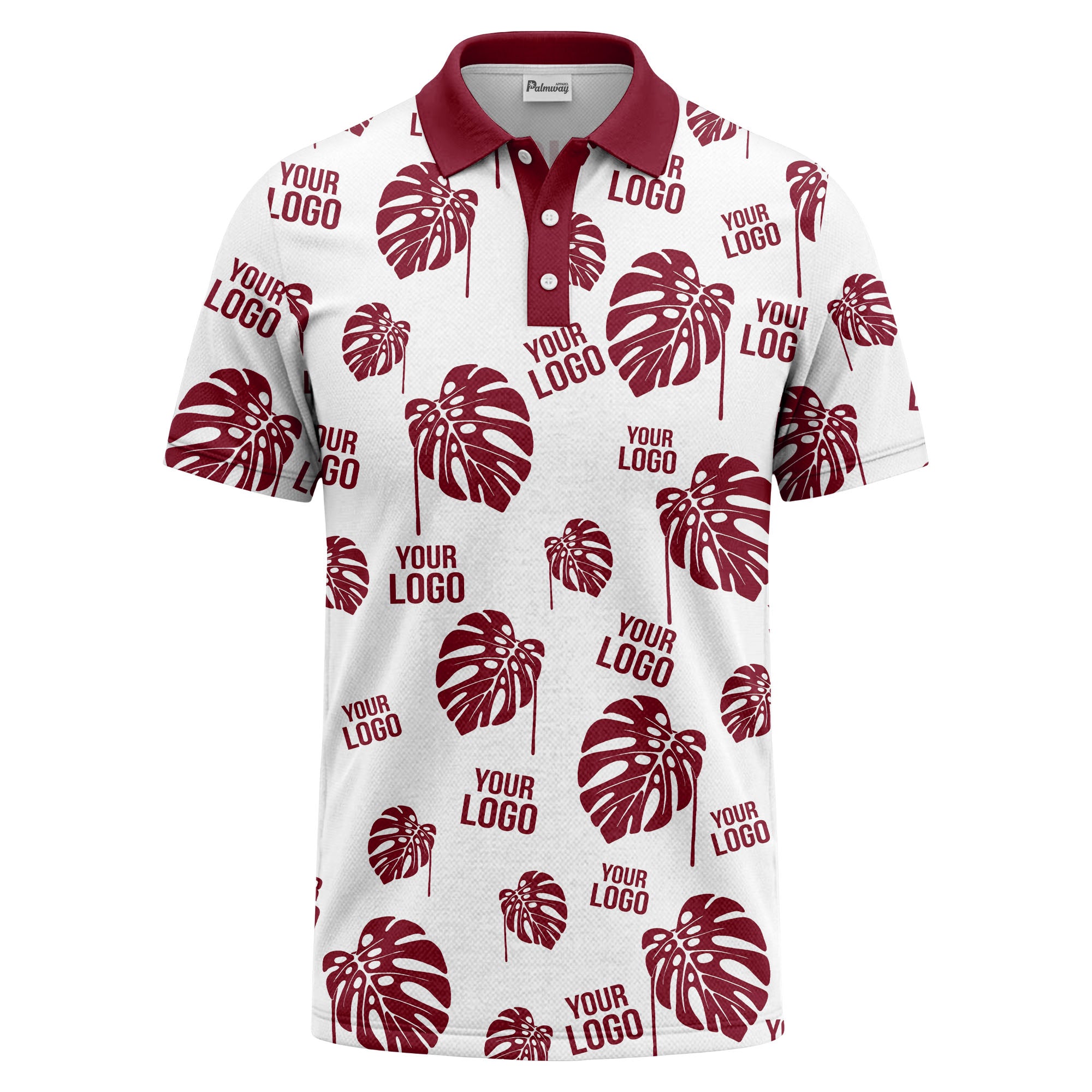 monstera leaves & custom logo repeat black white hawaiian polo shirt