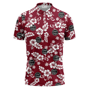 navy blue watercolor hibiscus & custom logo repeat pattern polo shirt