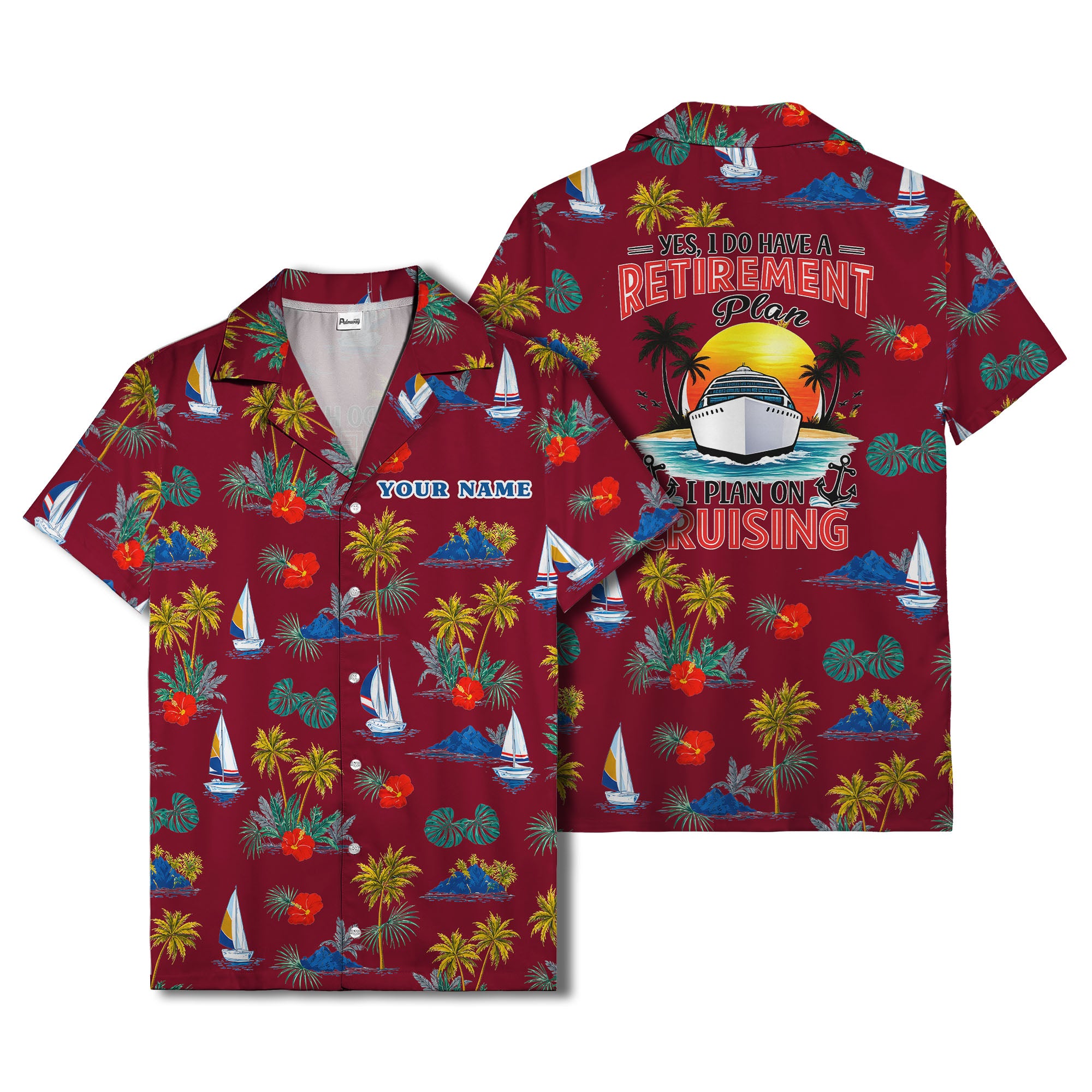 palm trees sailboats hibiscus island paradise hawaiian shirt