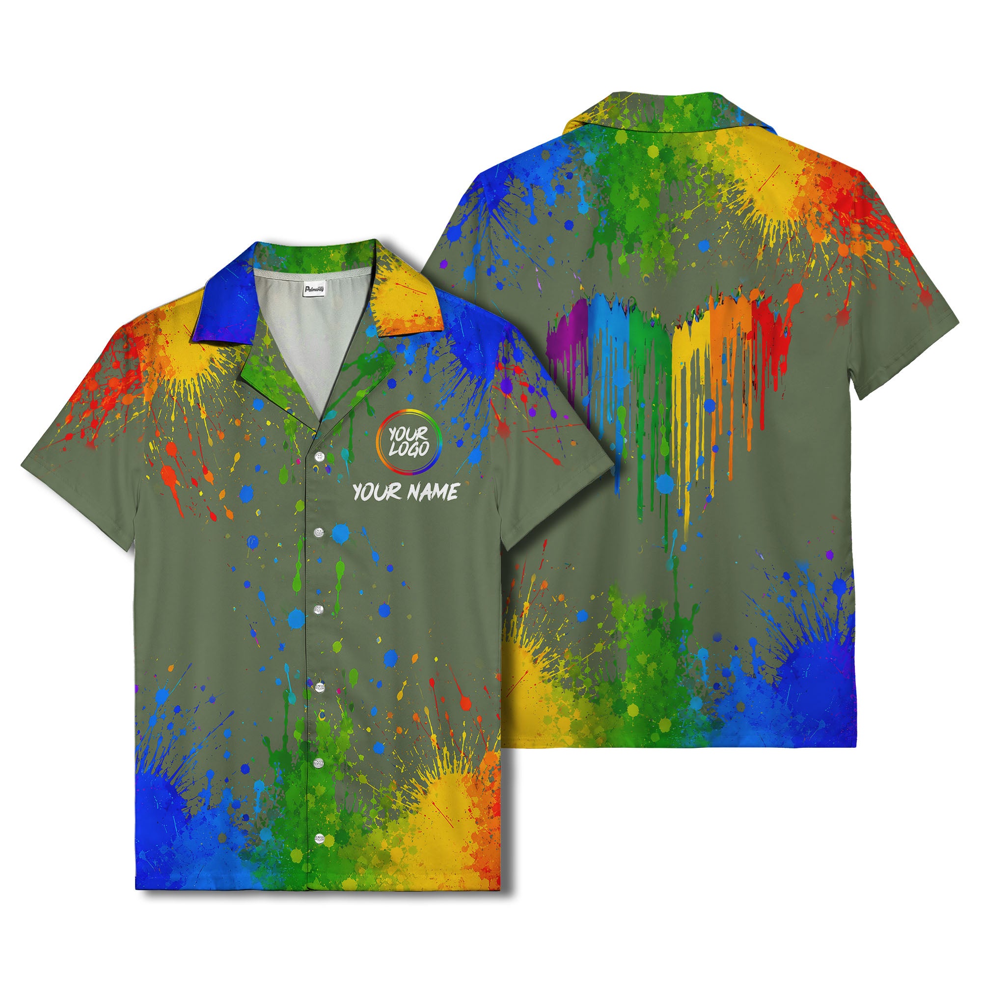 rainbow paint splatter abstract art hawaiian shirt with customizable name
