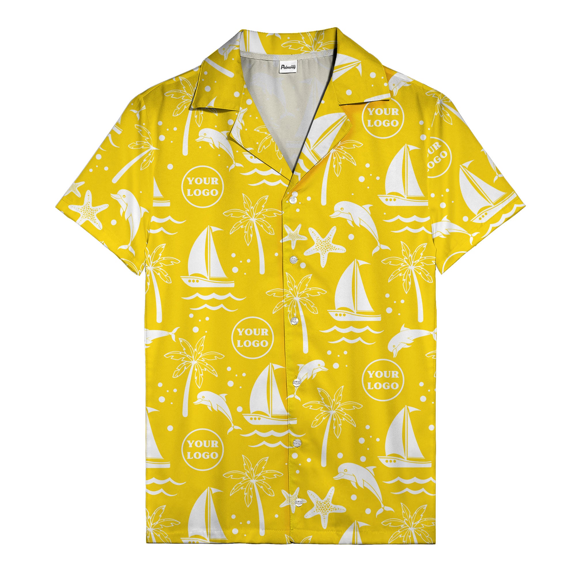 sailboats dolphins palm trees starfish repeat pattern black white hawaiian shirt