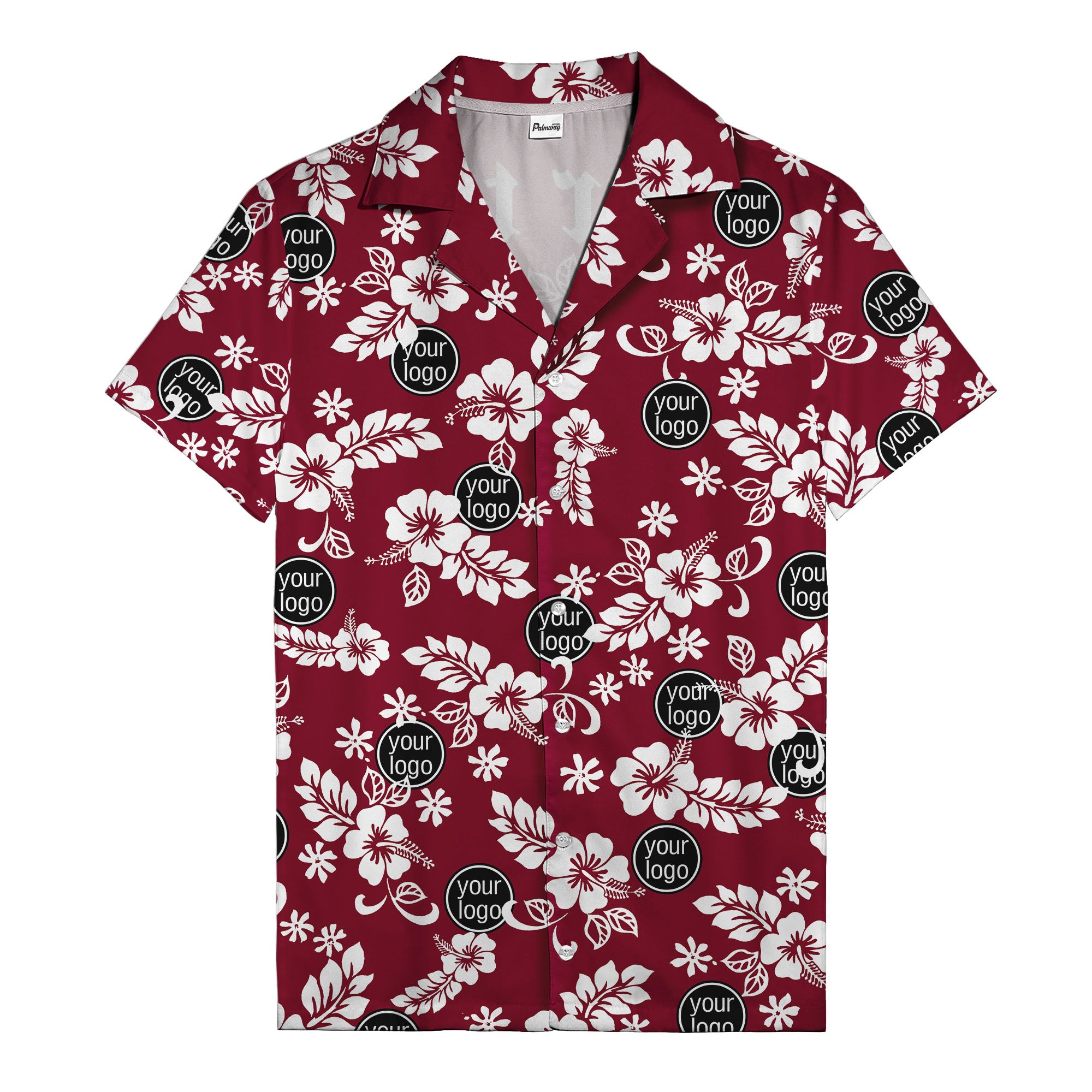 watercolor hibiscus blooms & custom logo navy blue hawaiian shirt