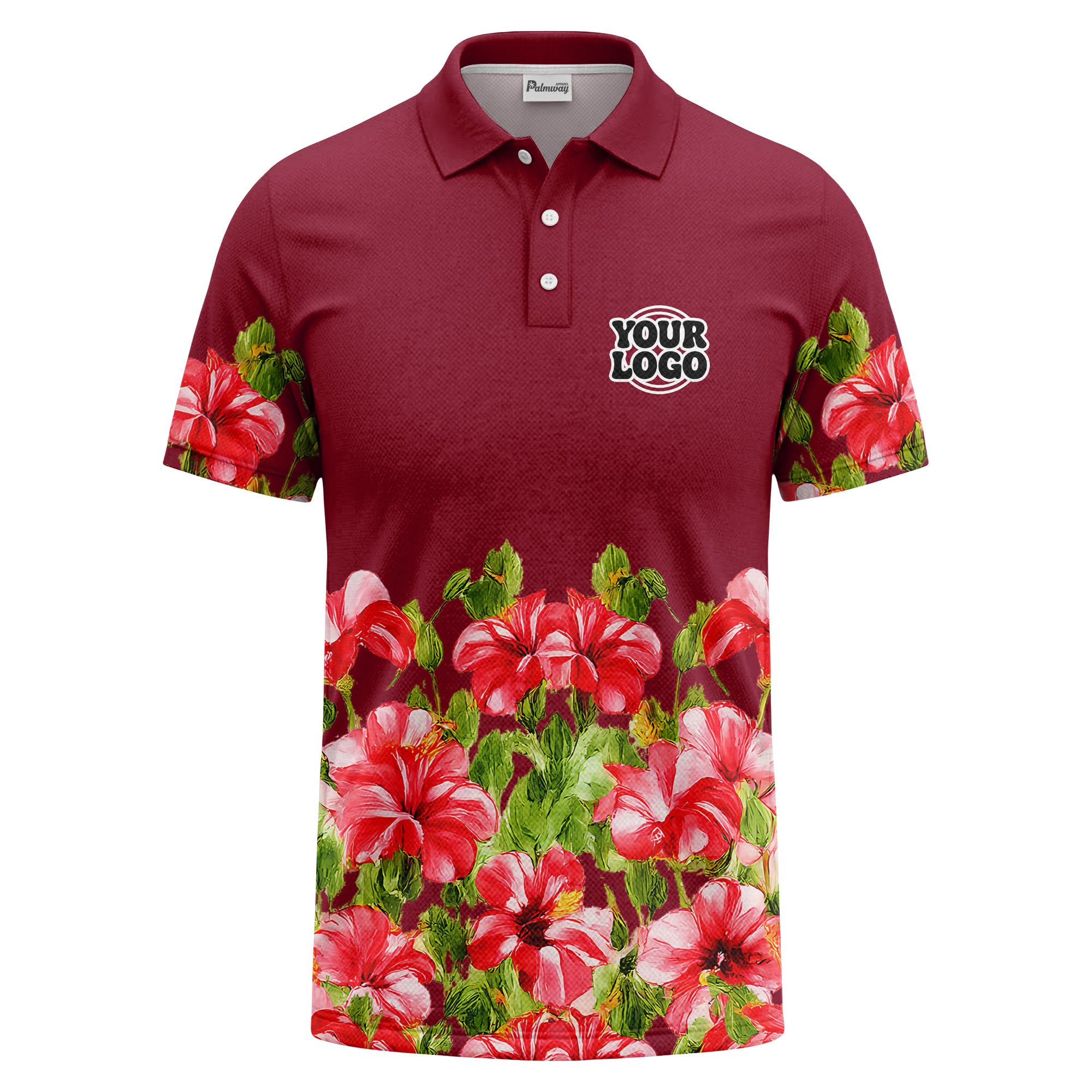 watercolor hibiscus & emerald leaf tropical polo shirt for men