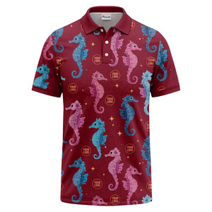 watercolor seahorse repeat marine life polo shirt in pink blue