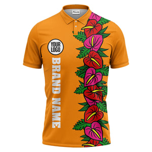anthurium & emerald leaf stripe coral red polo shirt for men