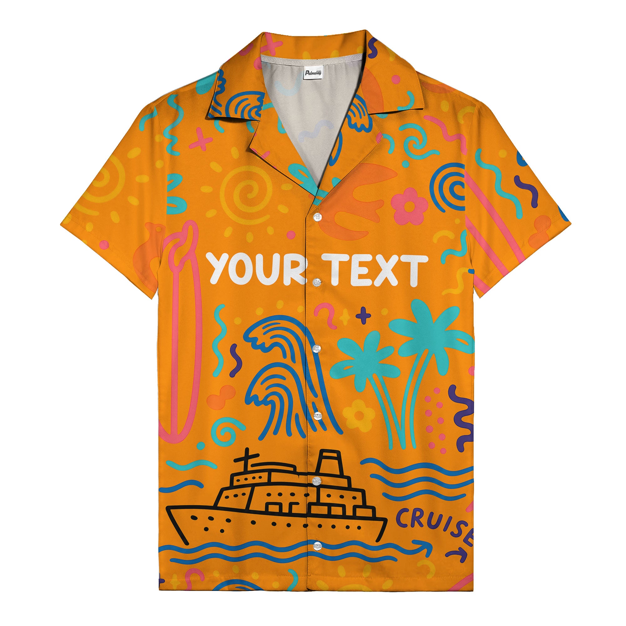 cartoon cruise ship palm trees surfboards wave hawaiian shirt