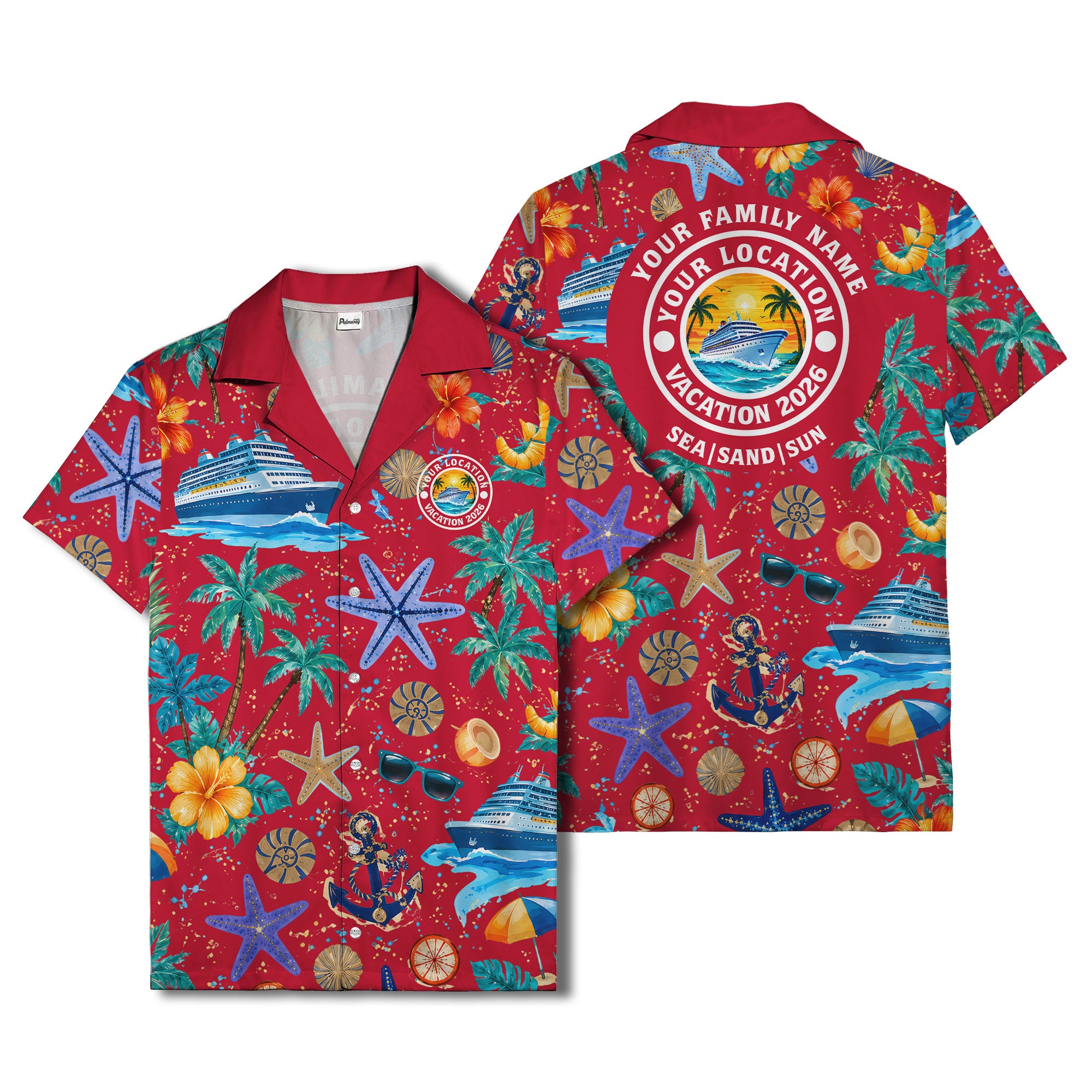 cruise ship palm trees starfish watercolor hawaiian shirt
