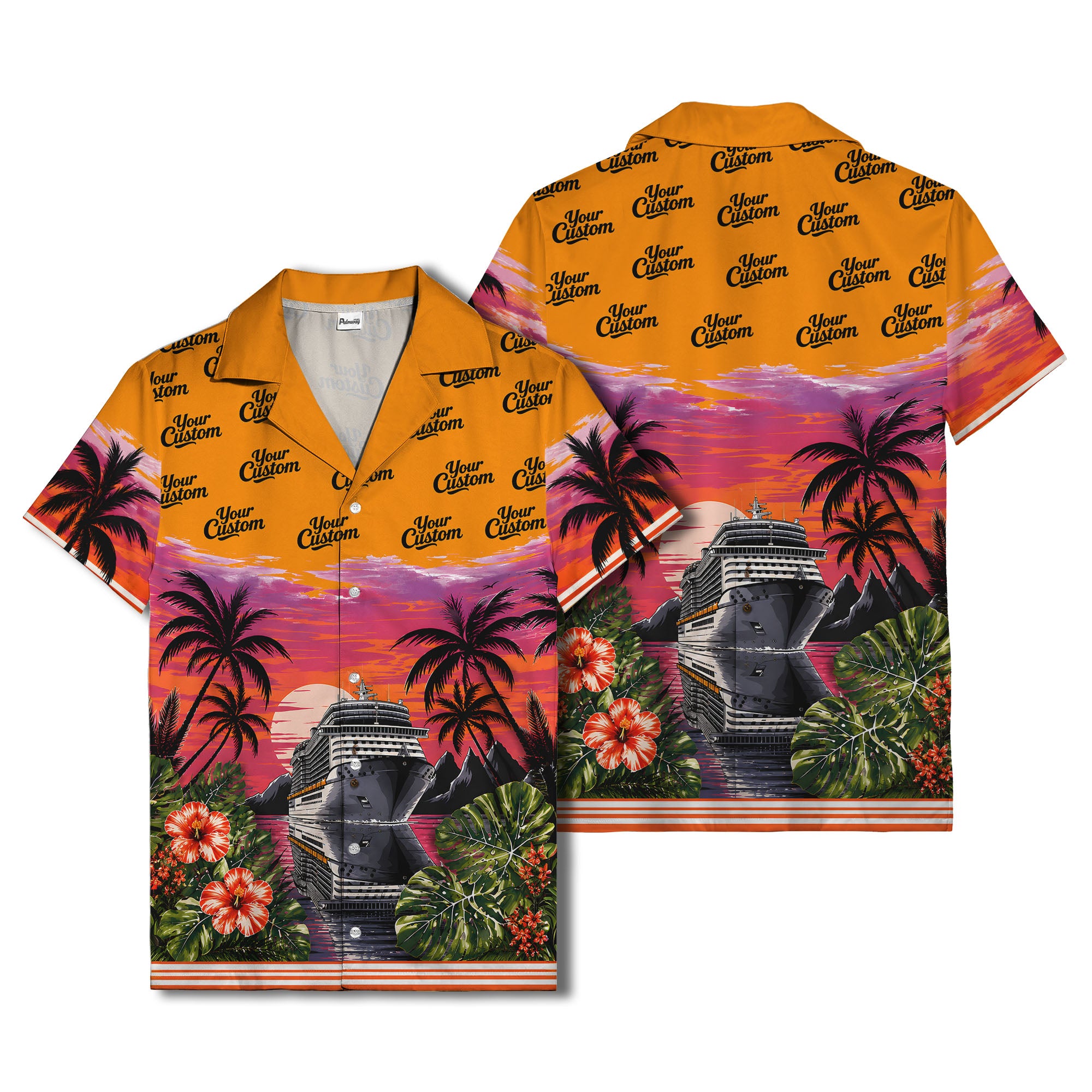 cruise ship sunset palm trees hibiscus flowers hawaiian shirt for men