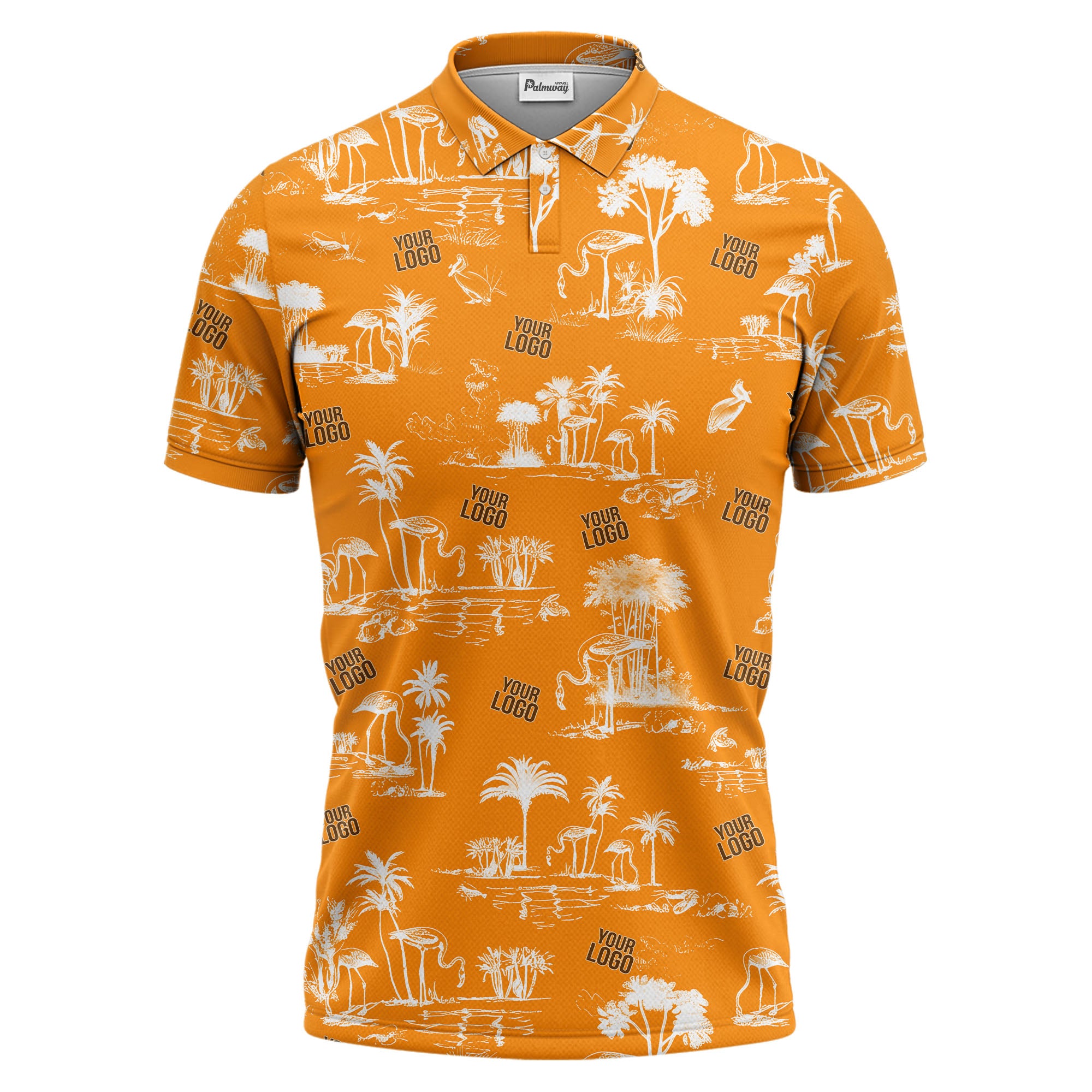 flamingo oasis palm trees sketch pattern black white polo shirt for men