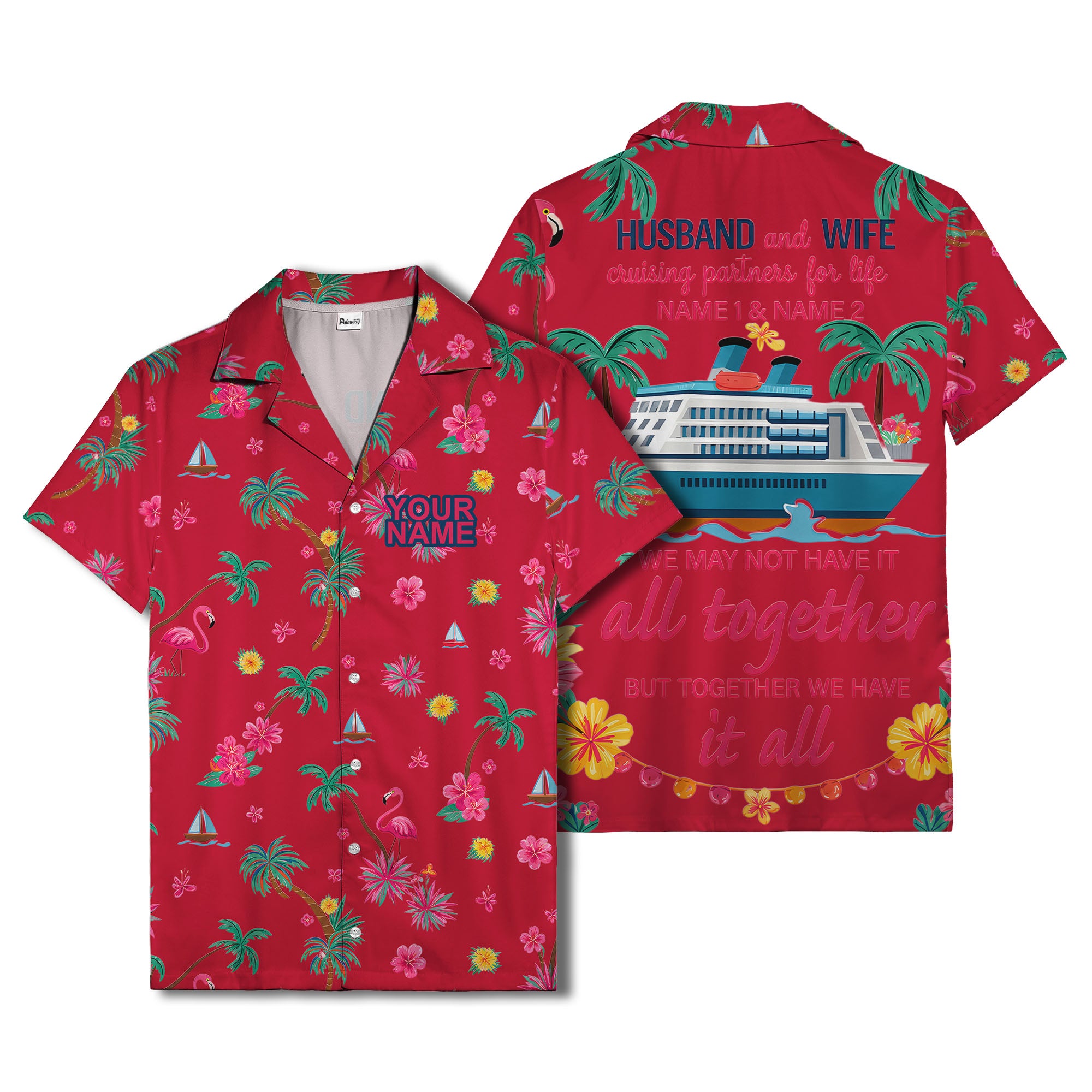 flamingo sailboat hibiscus palm watercolor hawaiian shirt