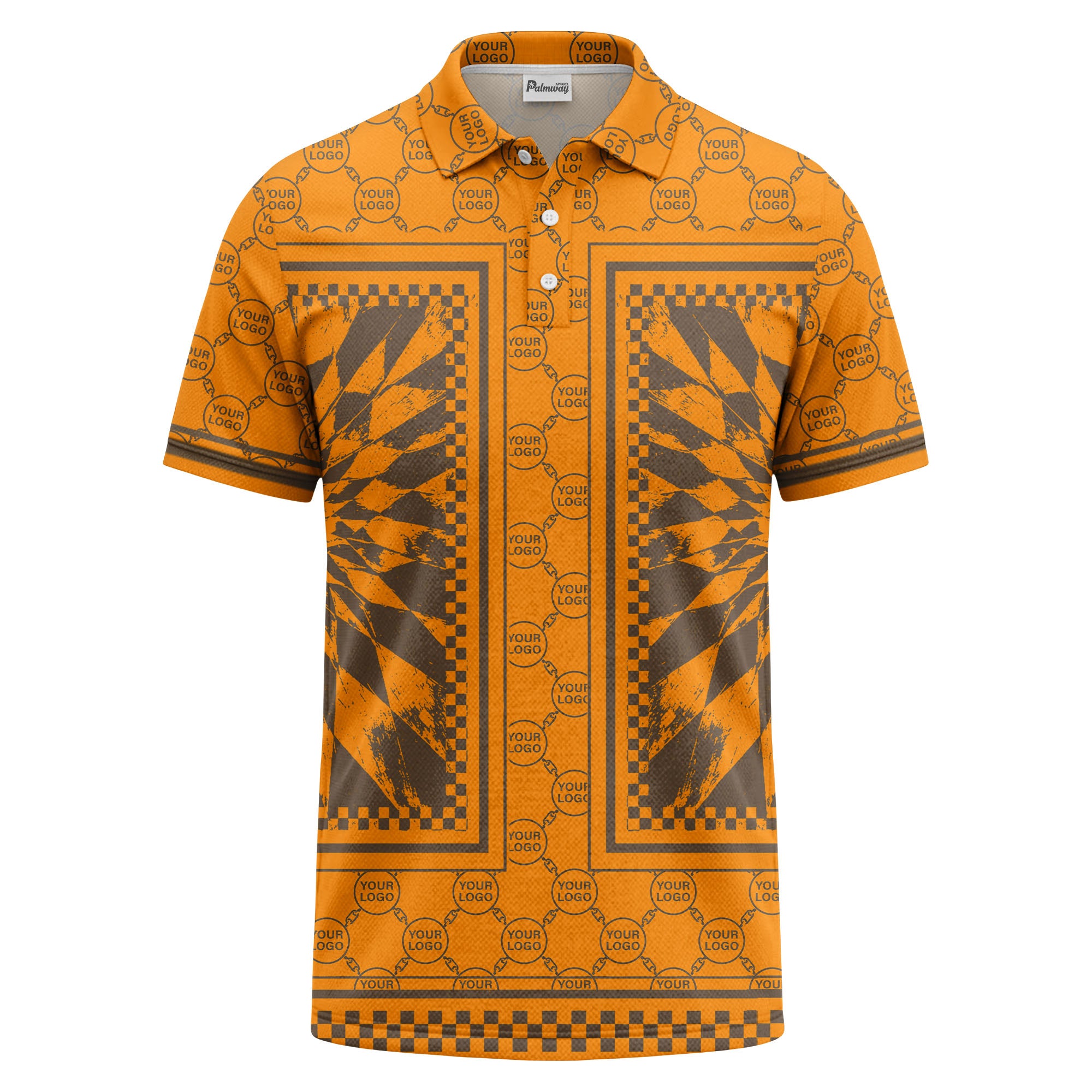 geometric palm leaves checkerboard border polo shirt
