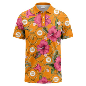 gold chain & pink hibiscus luxury illustrated polo shirt for men
