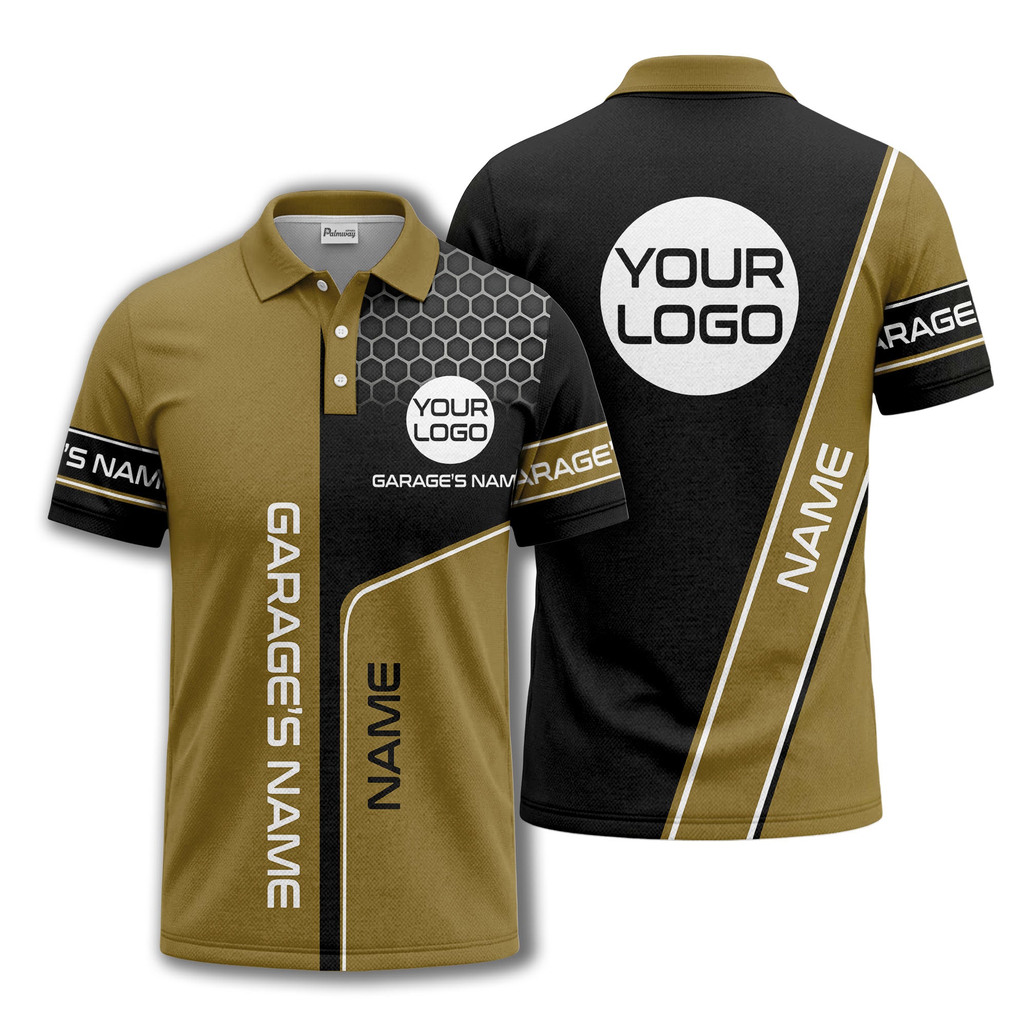 hexagonal grid garage name logo modern automotive polo shirt