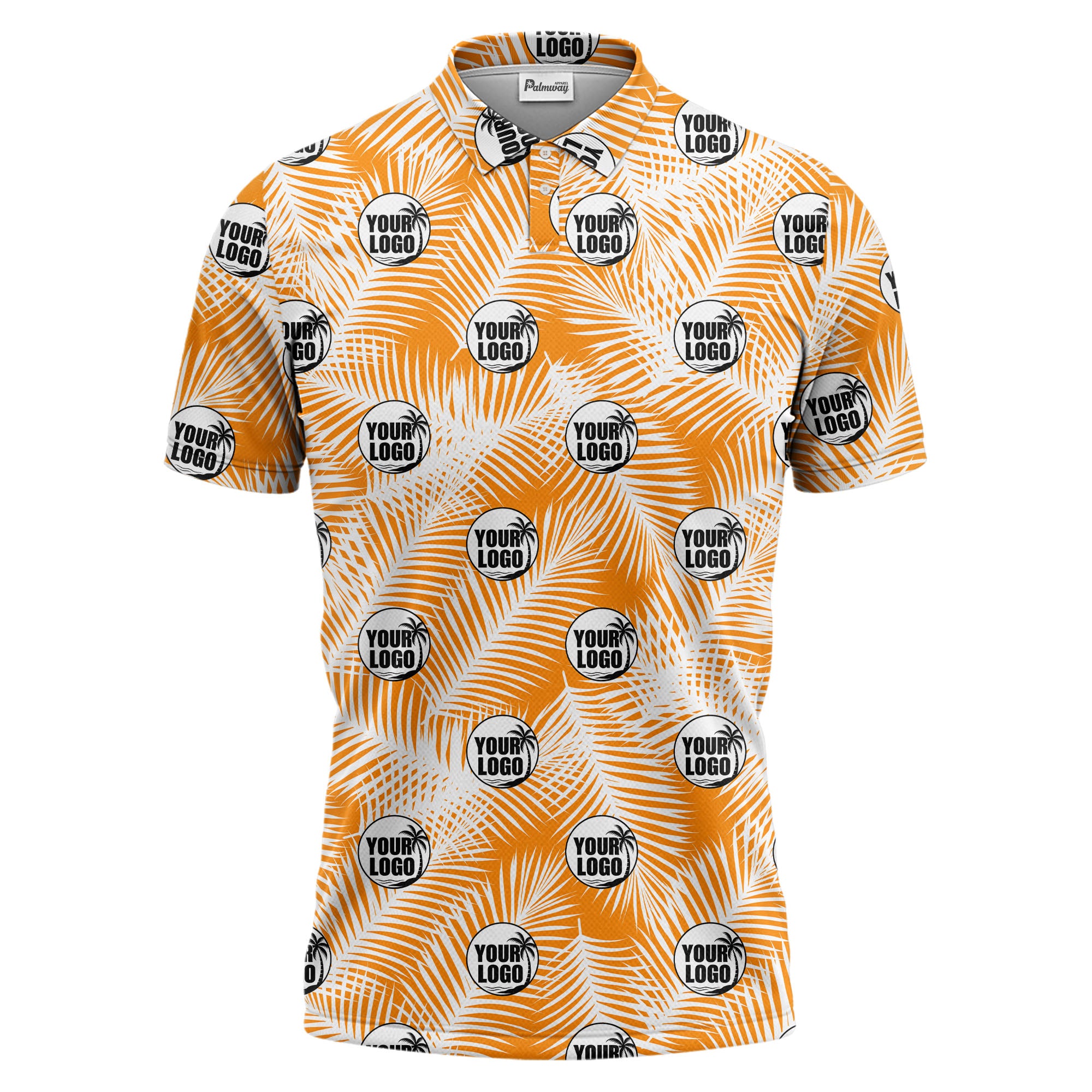 illustrated palm leaf logo repeating tropical polo shirt for men