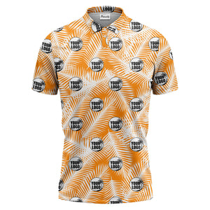 illustrated palm leaf logo repeating tropical polo shirt for men