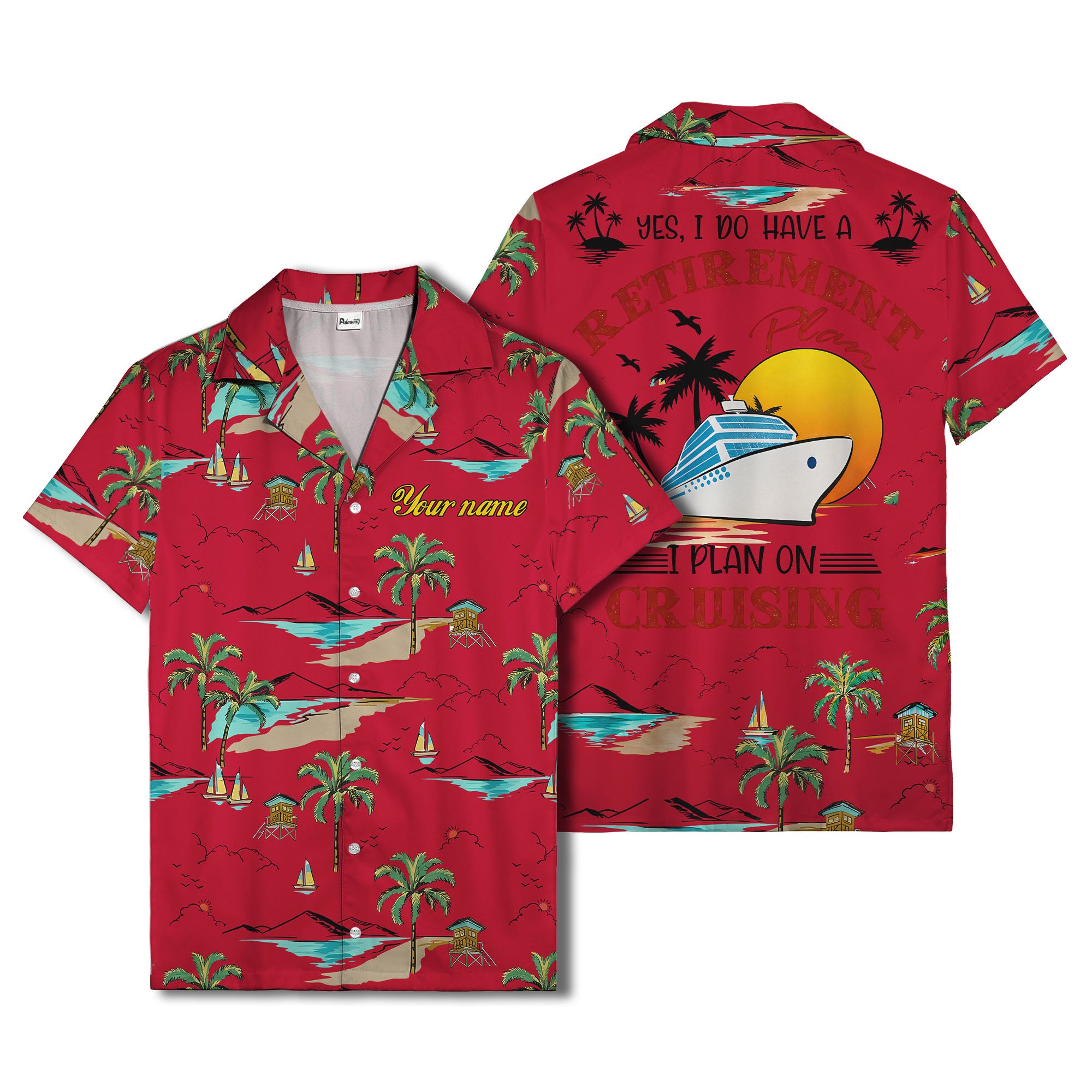 island paradise palm trees & sailboats sunset hawaiian shirt