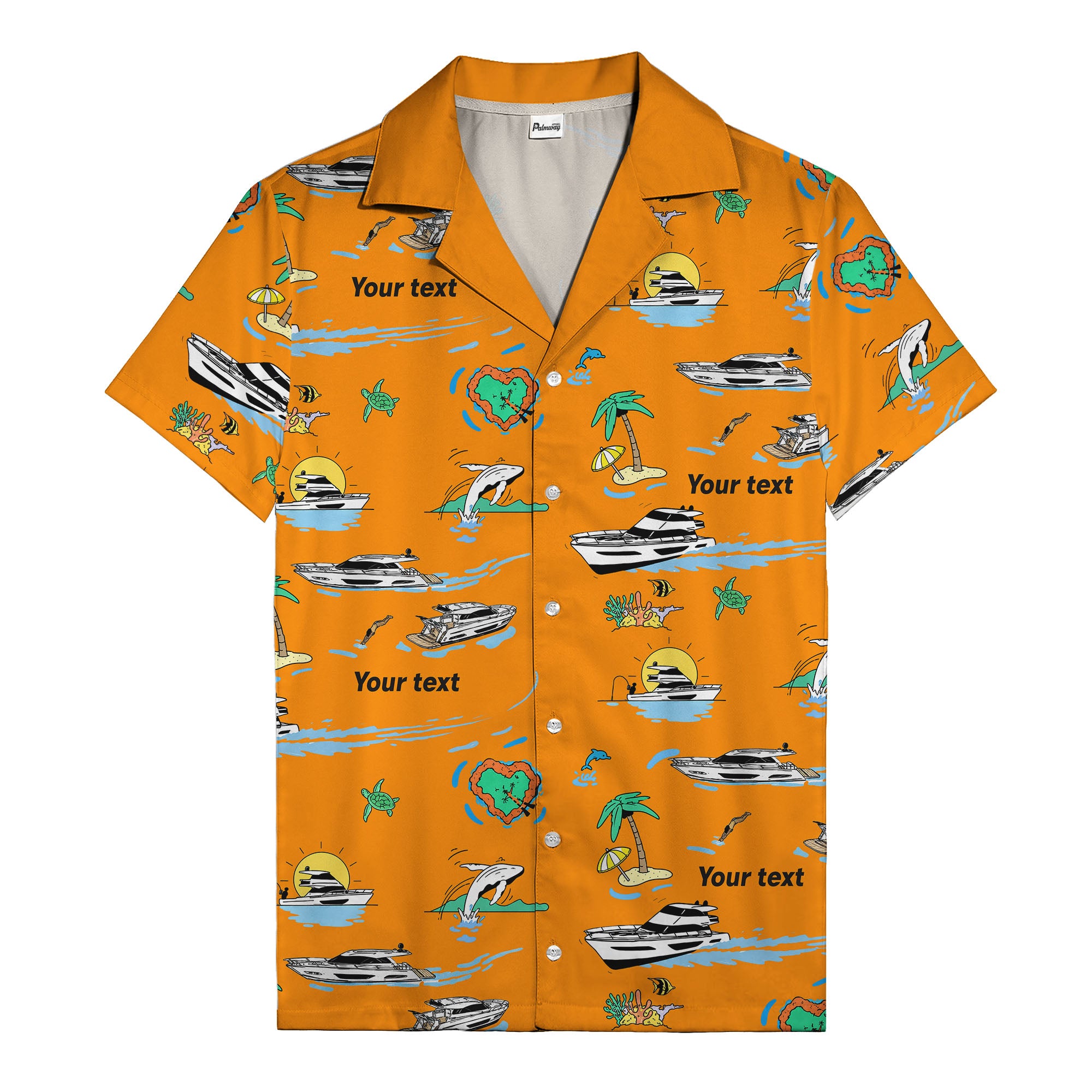 luxury yacht & heart-shaped island cartoon hawaiian shirt