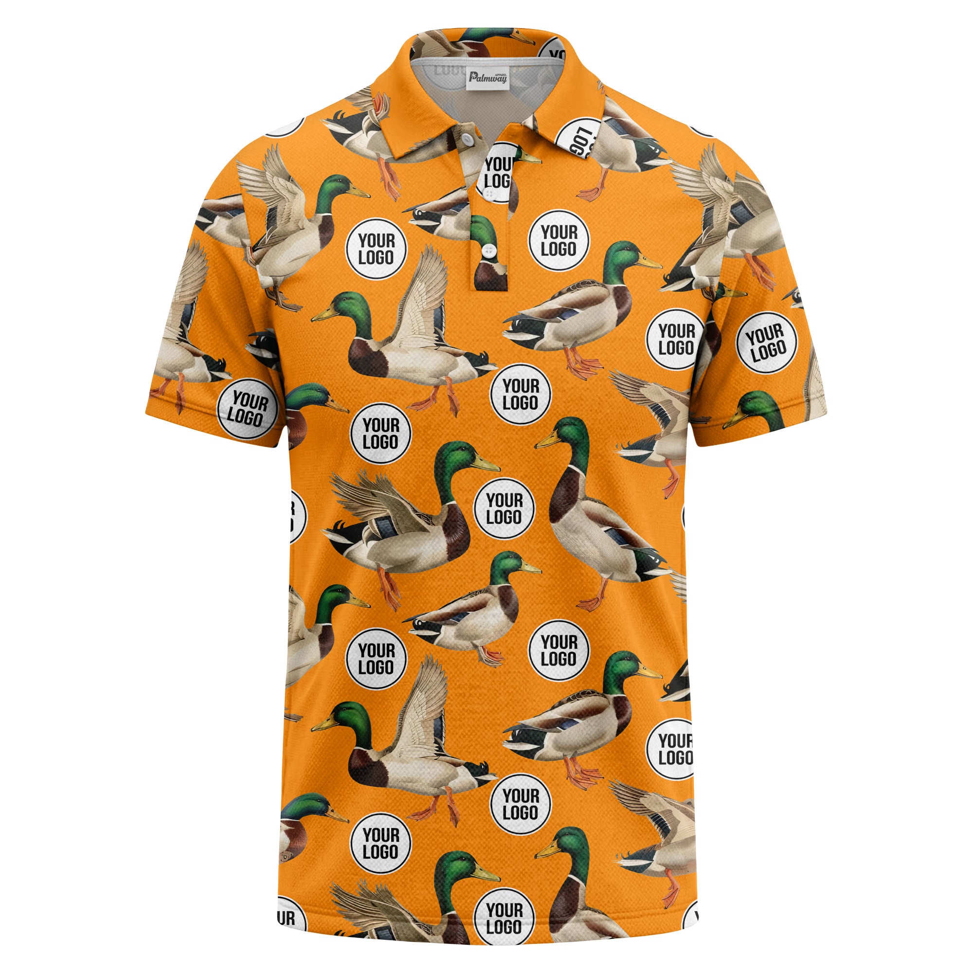 mallard duck flock & custom logo repeat photorealistic polo shirt