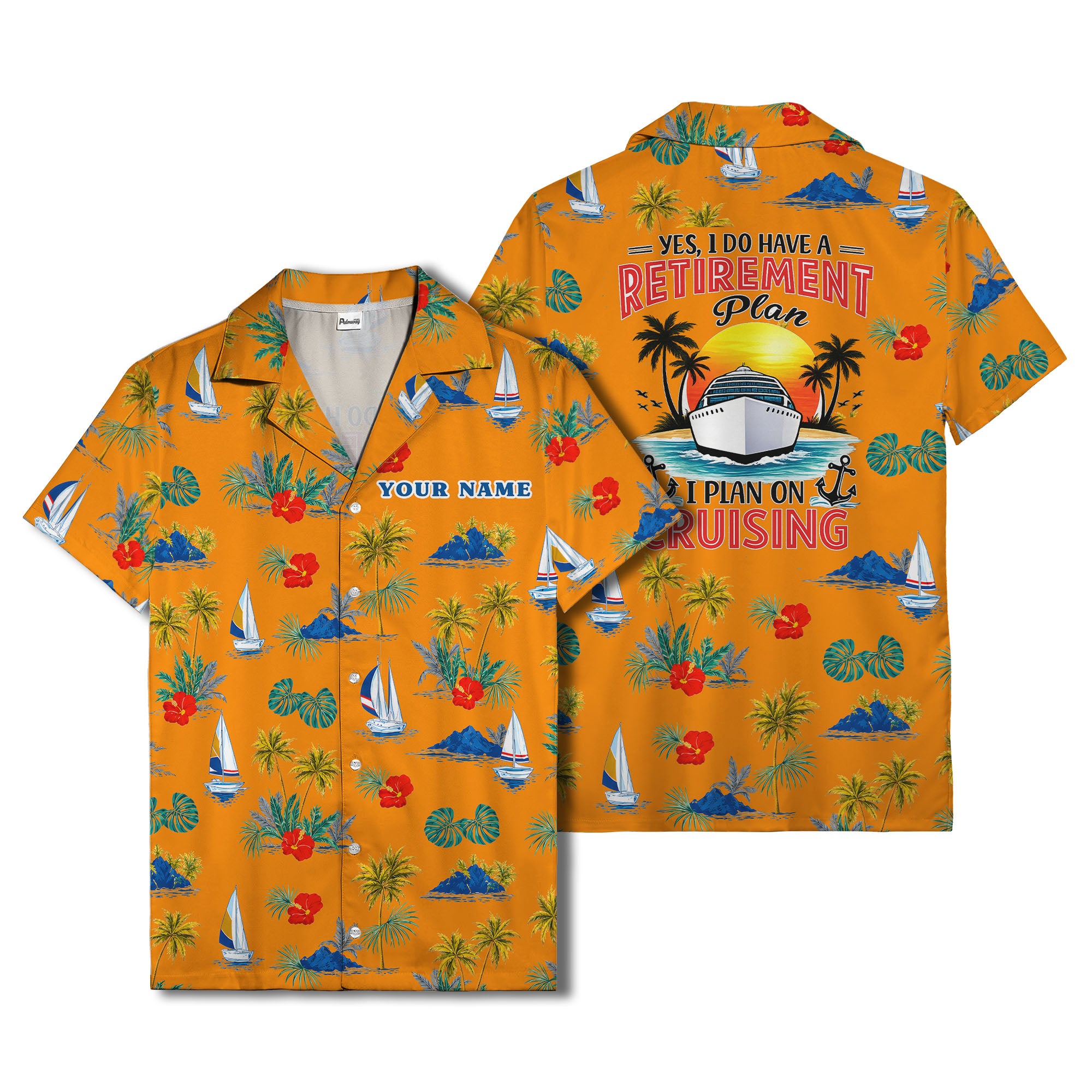palm trees sailboats hibiscus island paradise hawaiian shirt