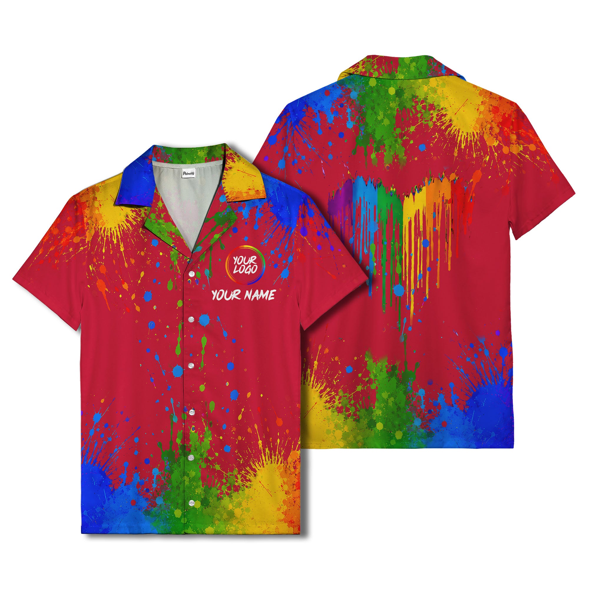 rainbow paint splatter abstract art hawaiian shirt with customizable name