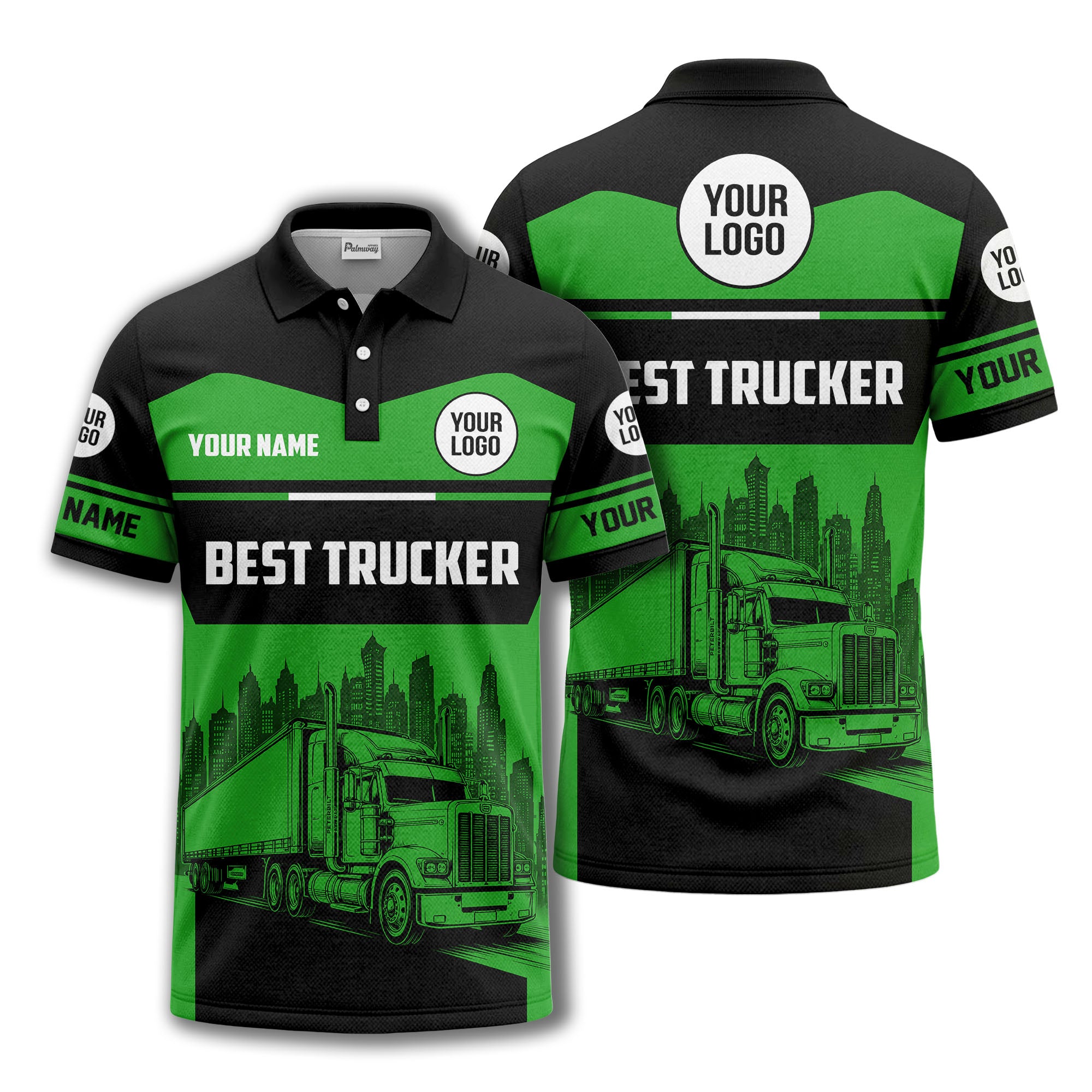 semi-truck cityscape graphic polo shirt for trucker pride