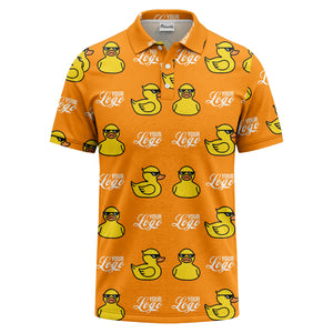 sunglasses rubber duck repeat pattern black yellow fun cartoon golf polo shirt