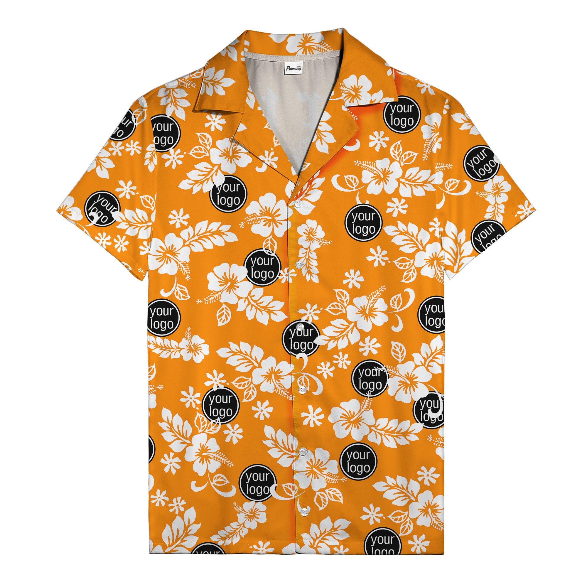watercolor hibiscus blooms & custom logo navy blue hawaiian shirt