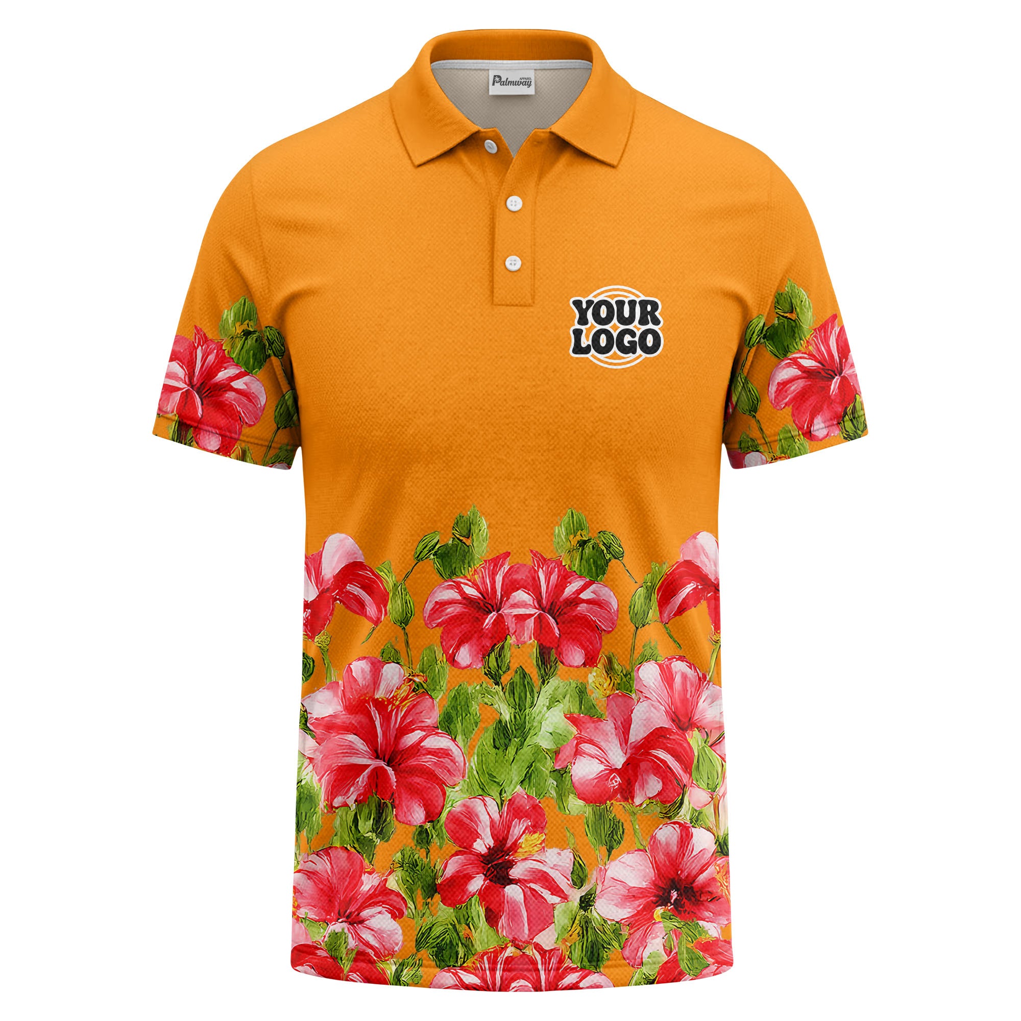 watercolor hibiscus & emerald leaf tropical polo shirt for men