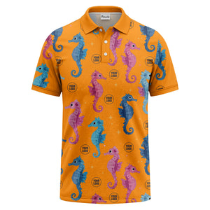watercolor seahorse repeat marine life polo shirt in pink blue