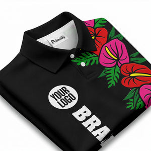 anthurium & emerald leaf stripe coral red polo shirt for men