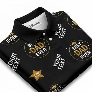 best dad ever crown & stars repeat pattern black gold polo shirt