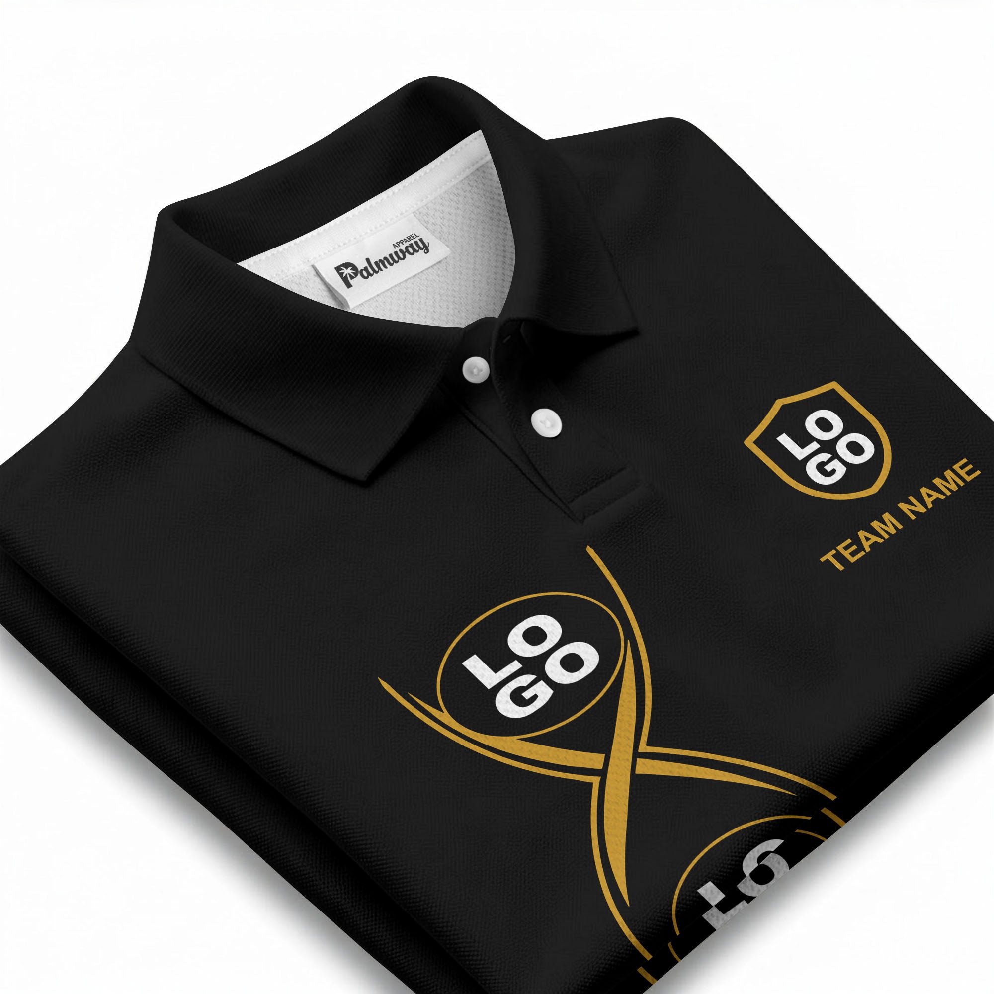 black gold infinity spiral shield team name graphic polo shirt for men