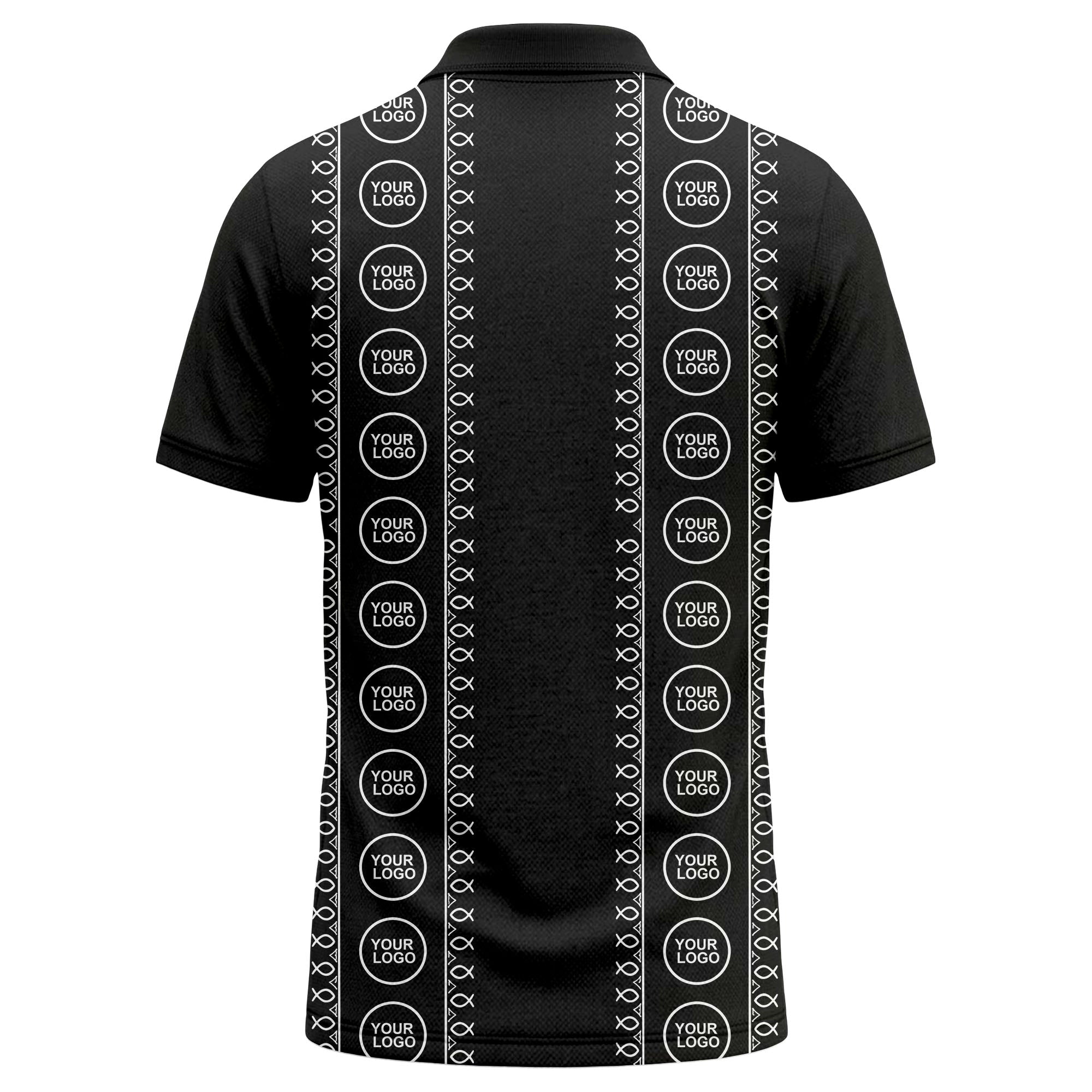 black white fish symbol repeat pattern golf polo shirt