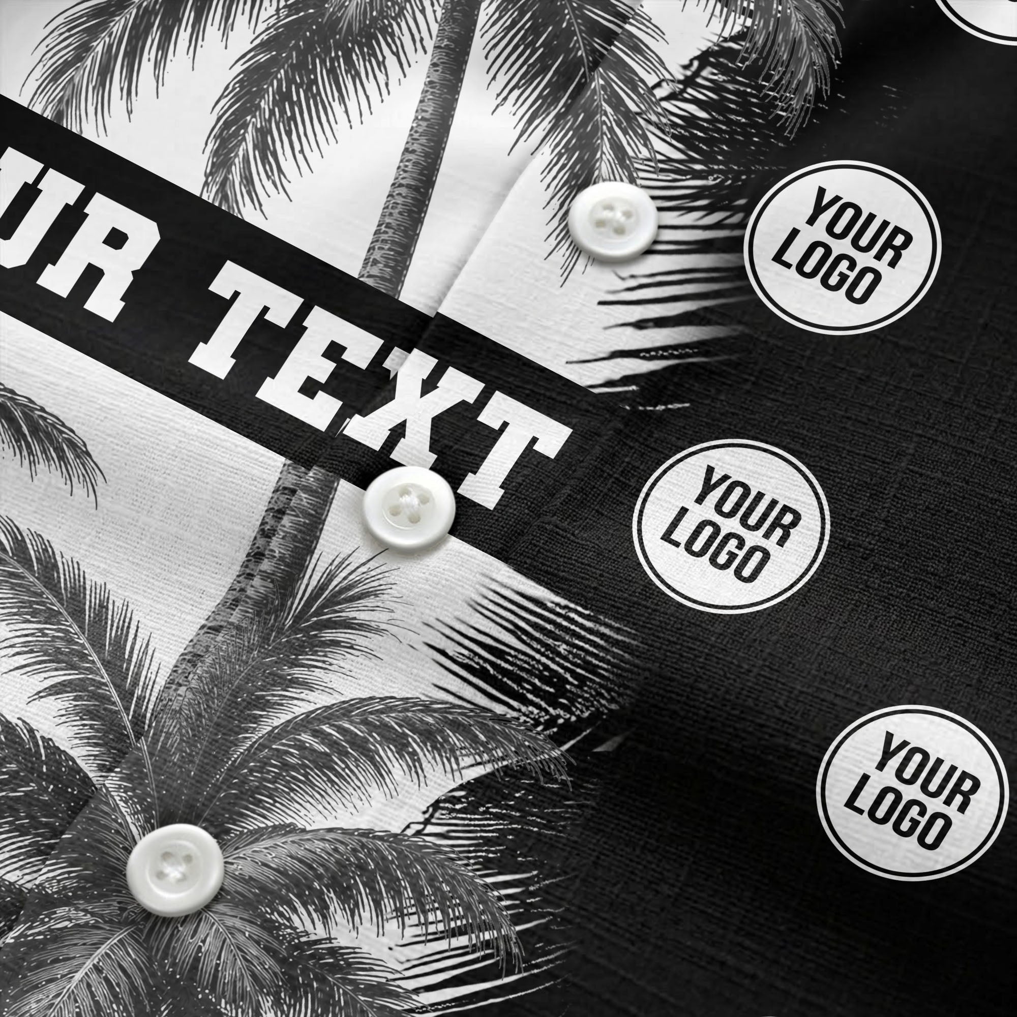 black & white palm tree repeat & custom logo hawaiian shirt for men