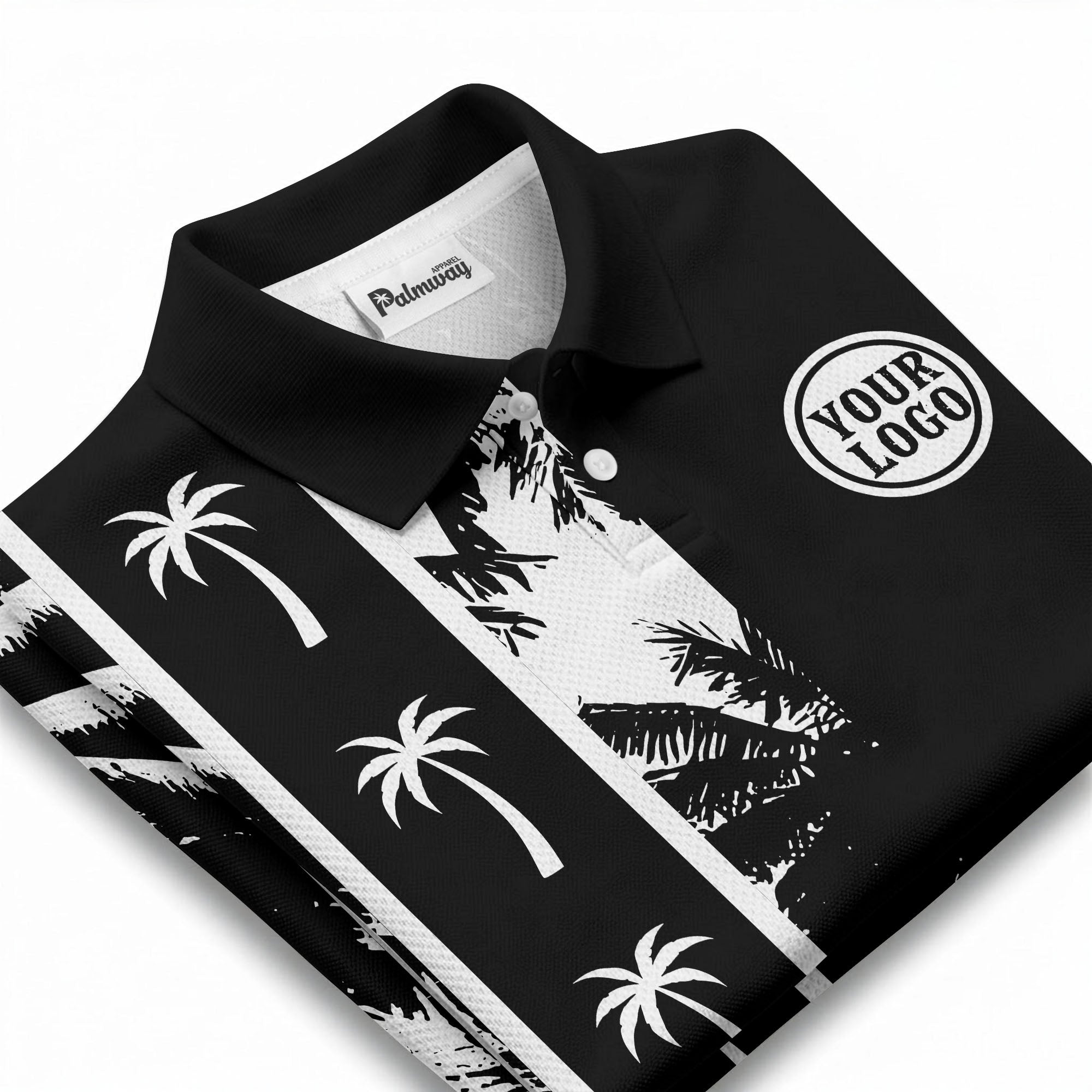 black white palm tree silhouette vertical stripe polo shirt for men