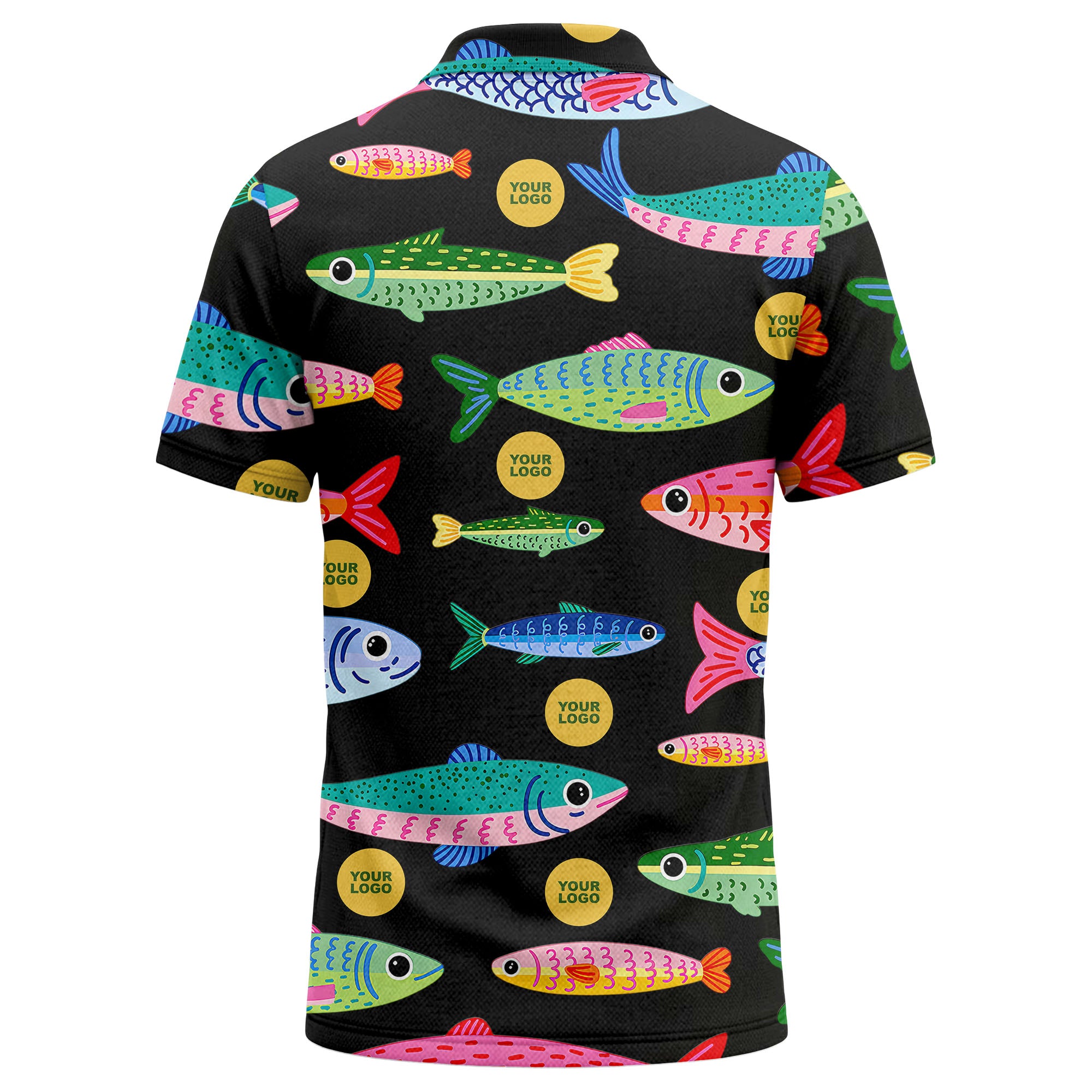 colorful cartoon fish & custom logo repeat all-over print polo shirt