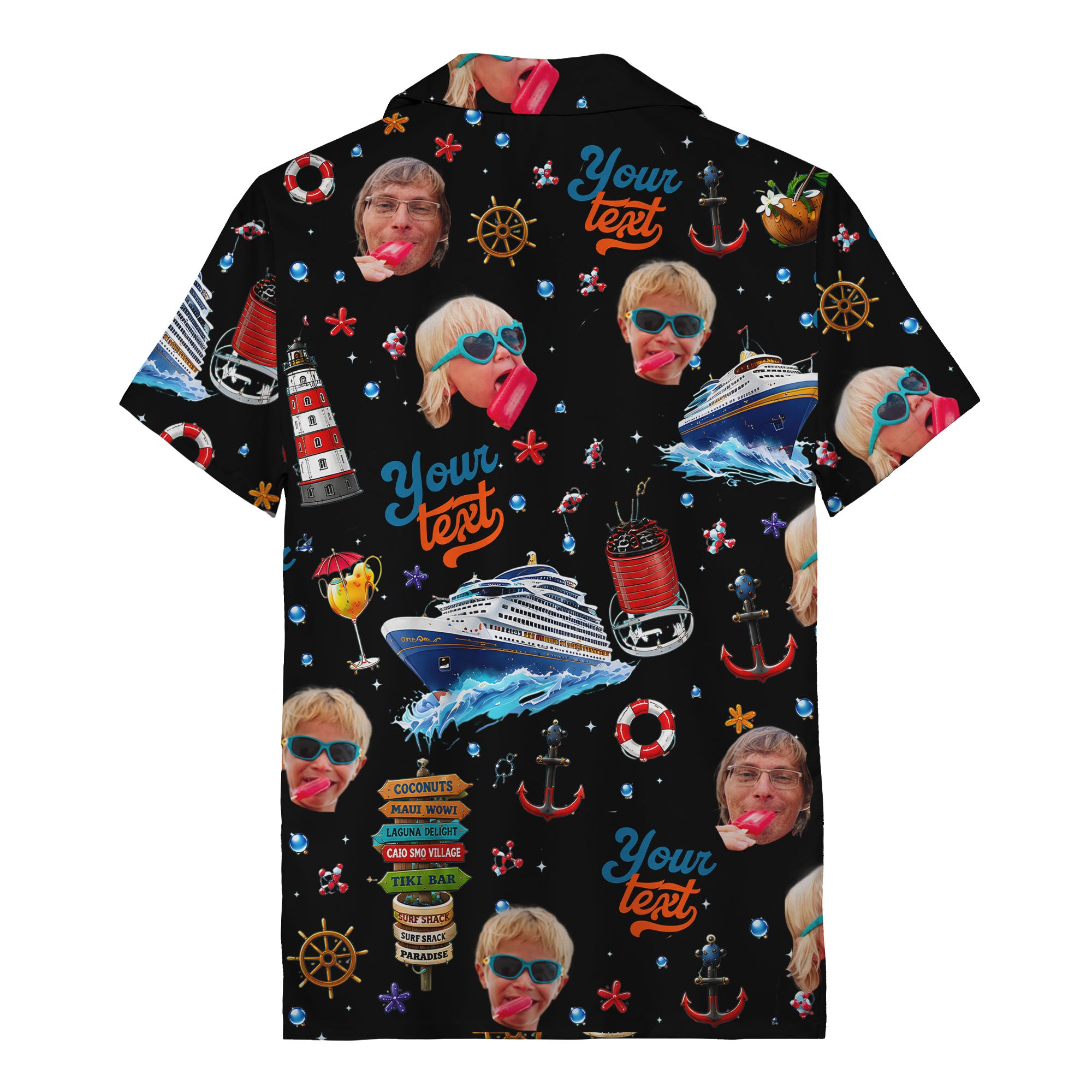 cruise ship faces & cocktail signs cartoon hawaiian shirt