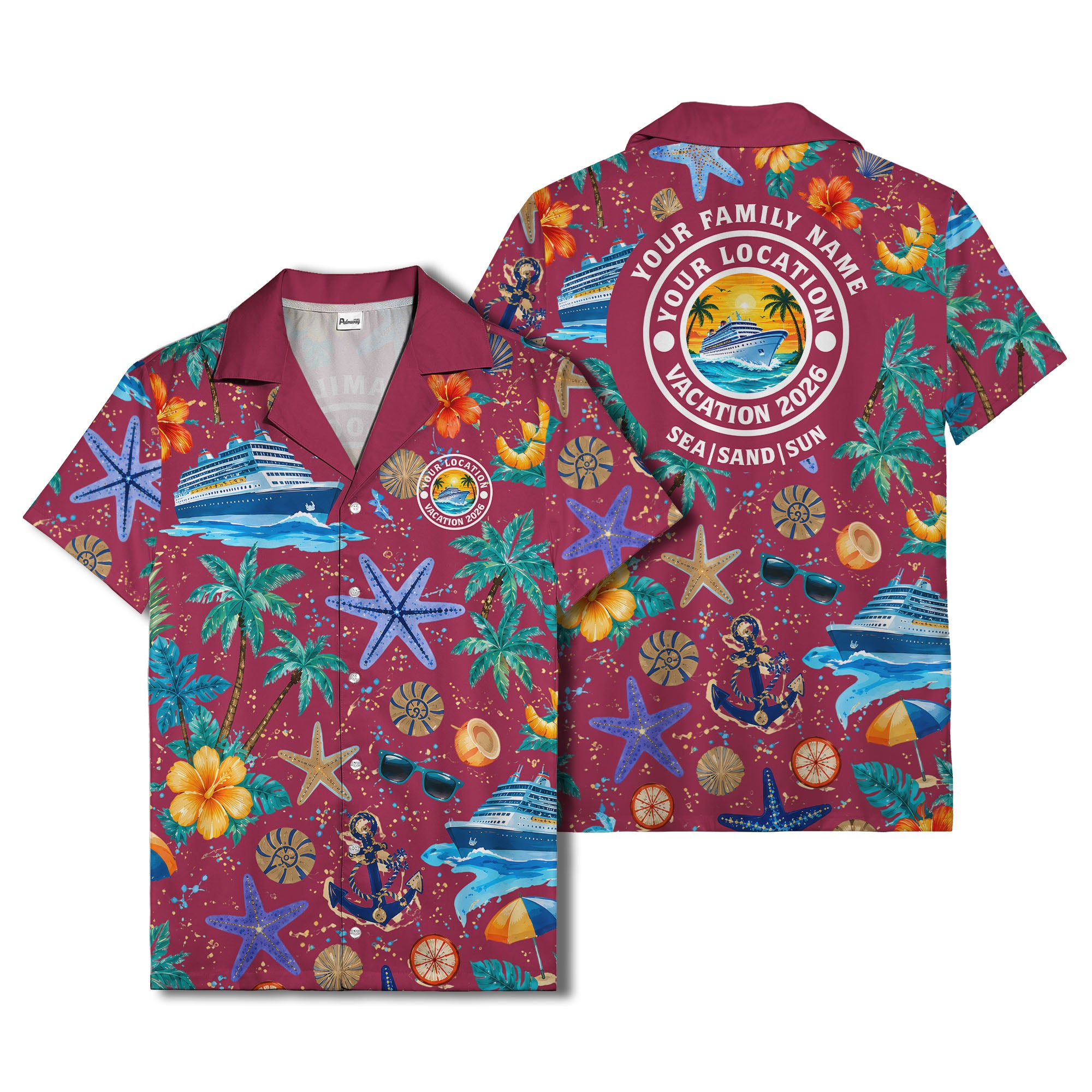 cruise ship palm trees starfish watercolor hawaiian shirt