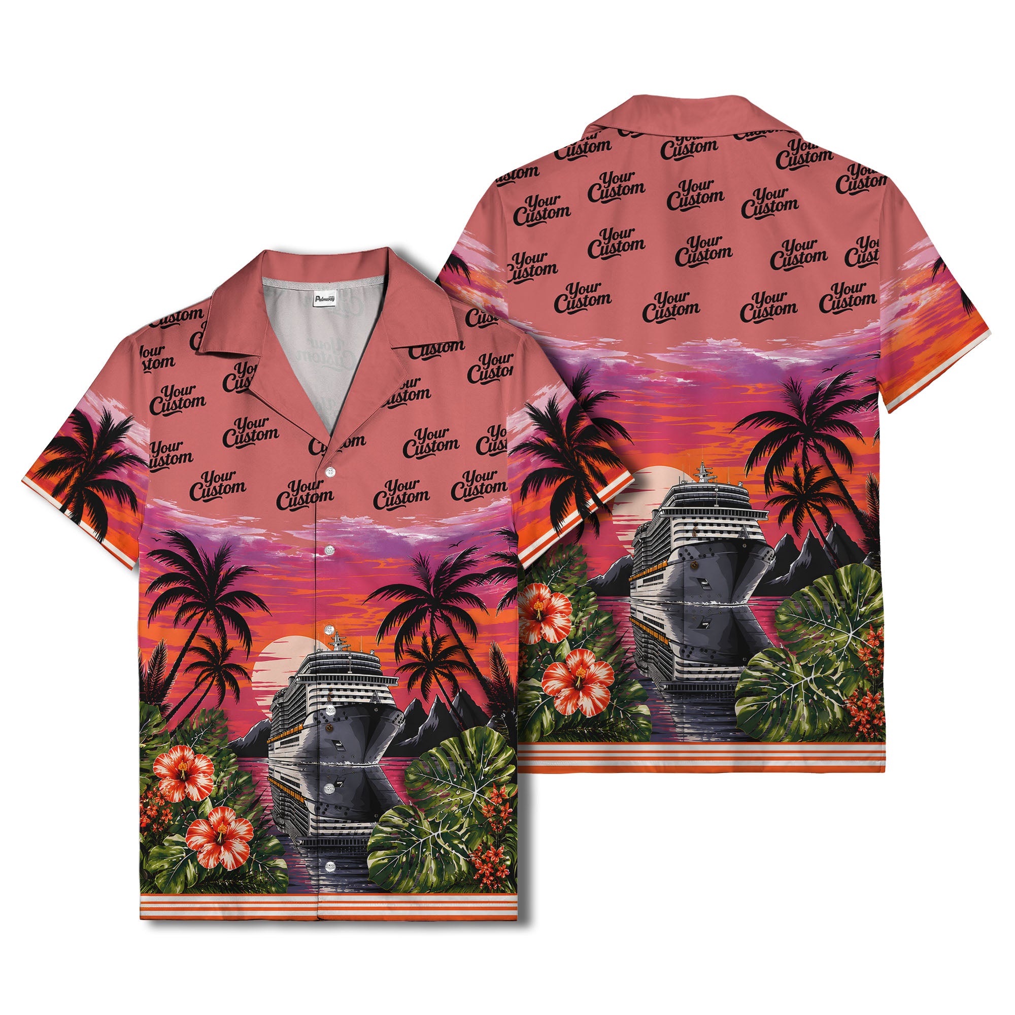 cruise ship sunset palm trees hibiscus flowers hawaiian shirt for men