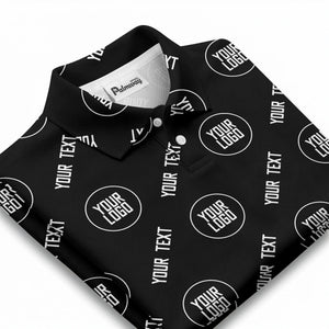 custom logo & text repeat pattern black personalized polo shirt for men