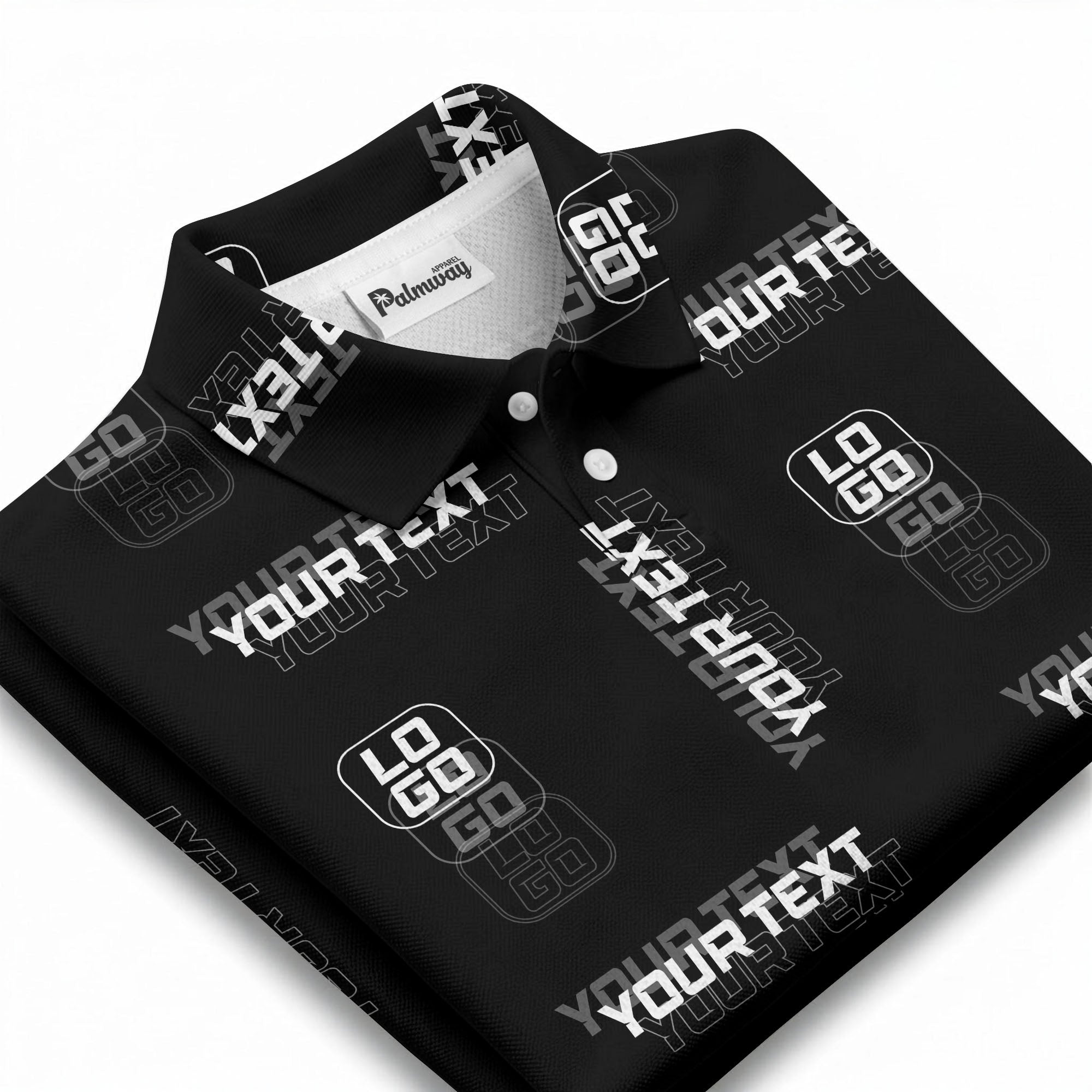 custom logo & text repeat pattern black polo shirt for men