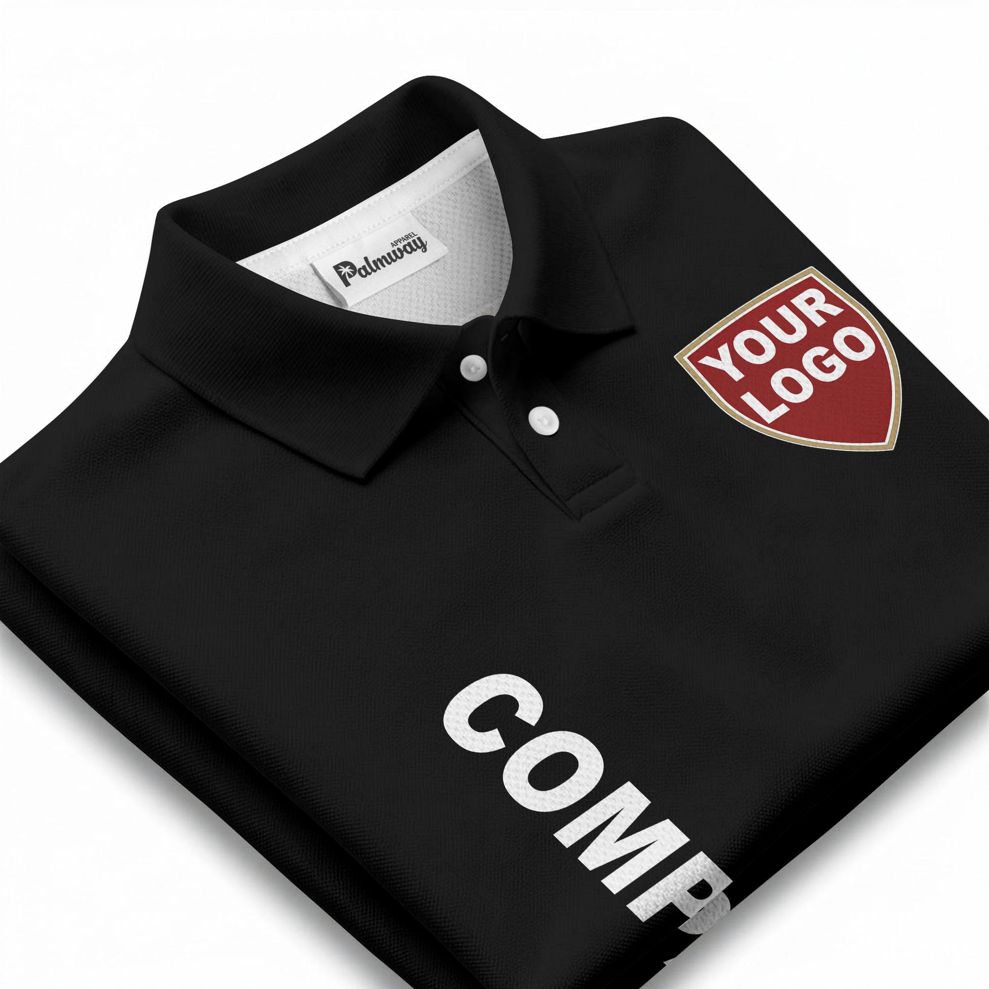 custom shield logo vertical text corporate branded polo shirt