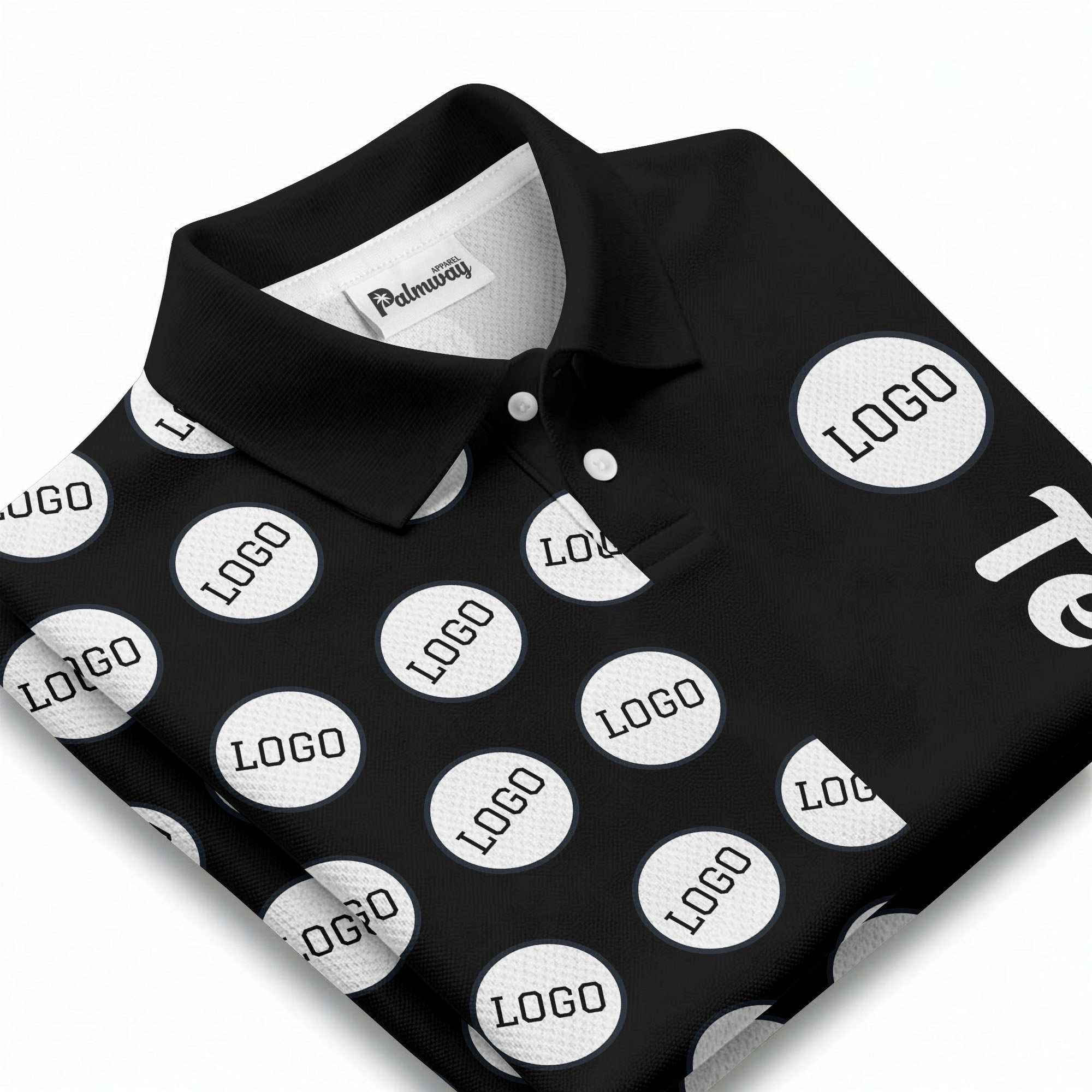 custom team logo polka dot repeat black & white polo shirt for men