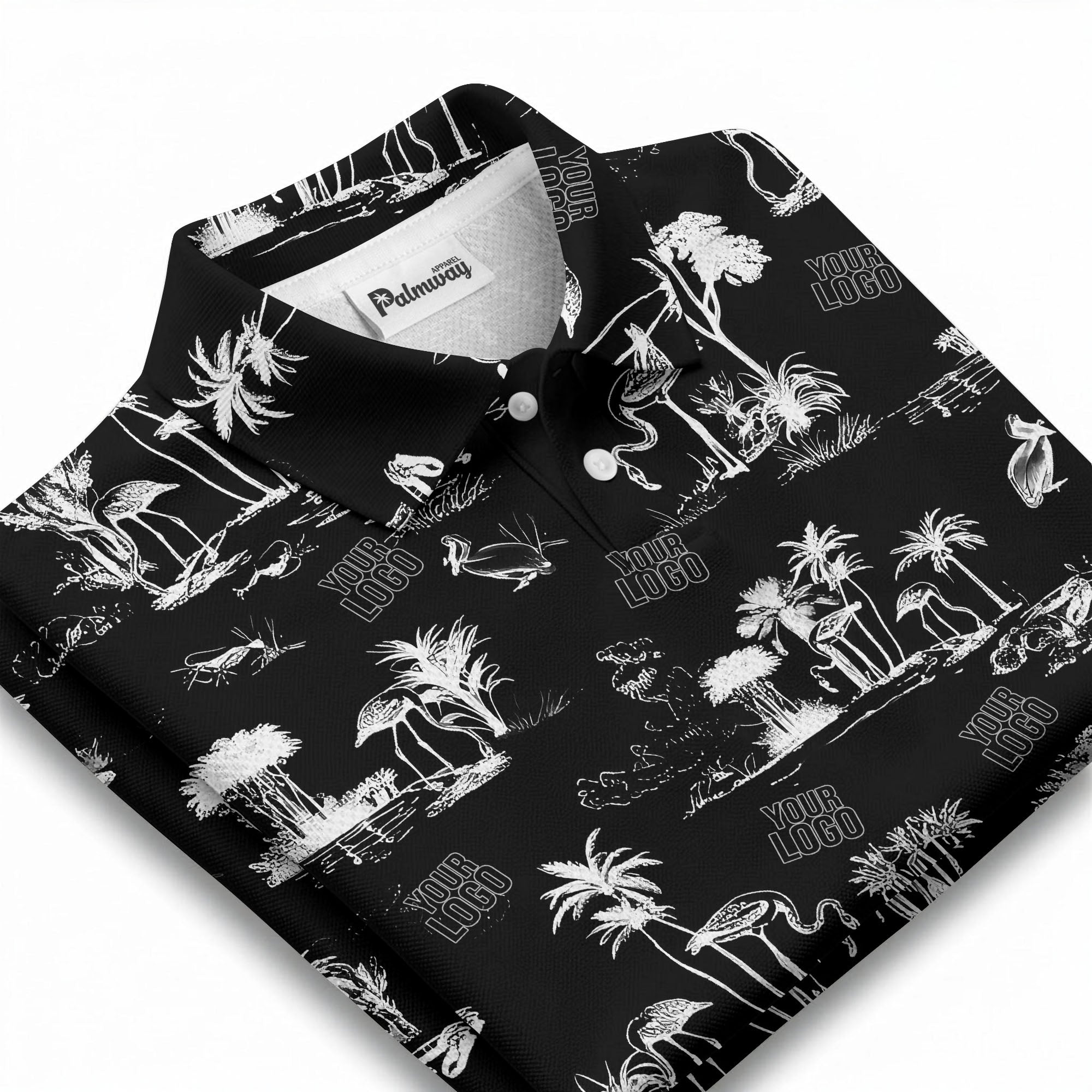 flamingo oasis palm trees sketch pattern black white polo shirt for men