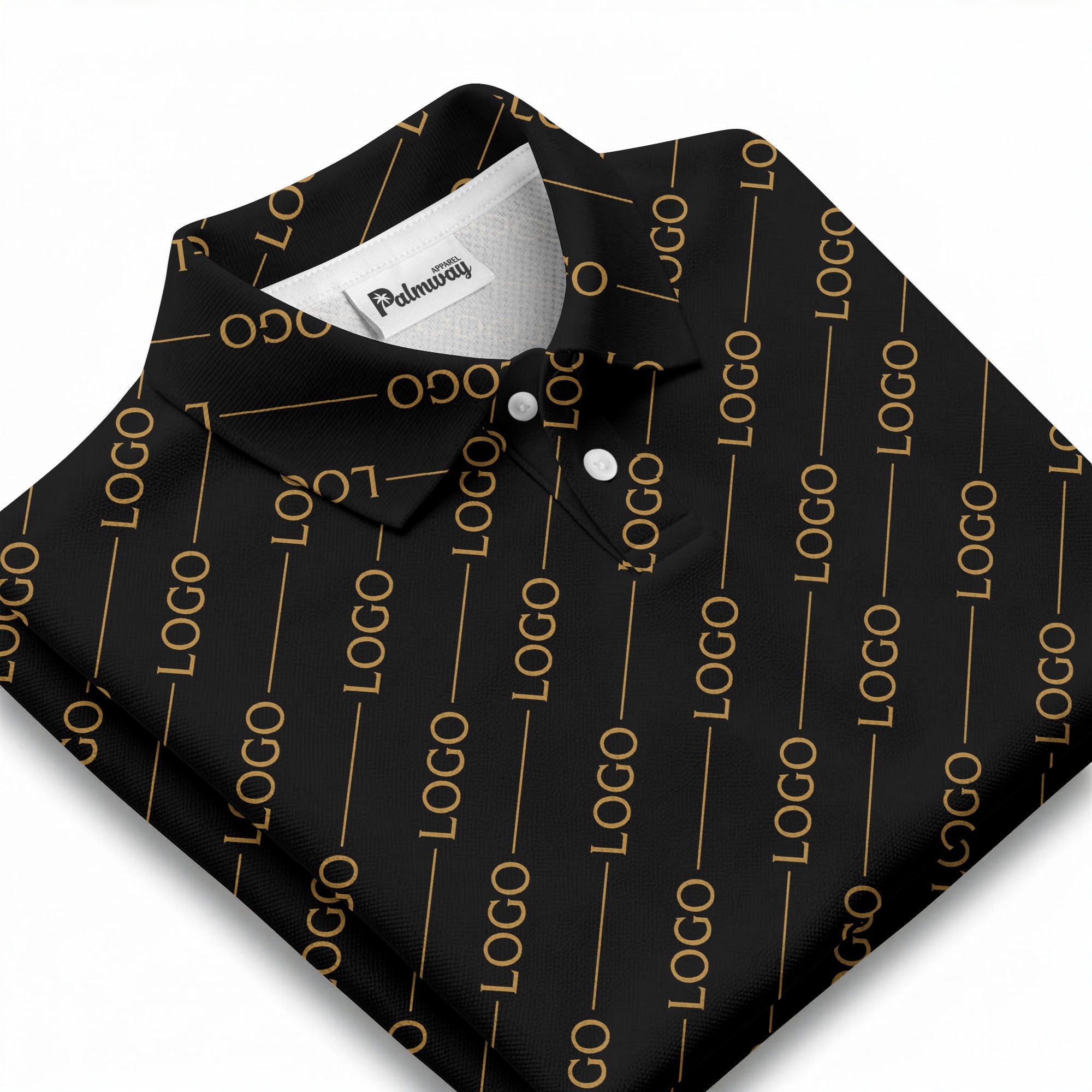 gold custom logo repeat pattern on black luxury minimalist polo shirt